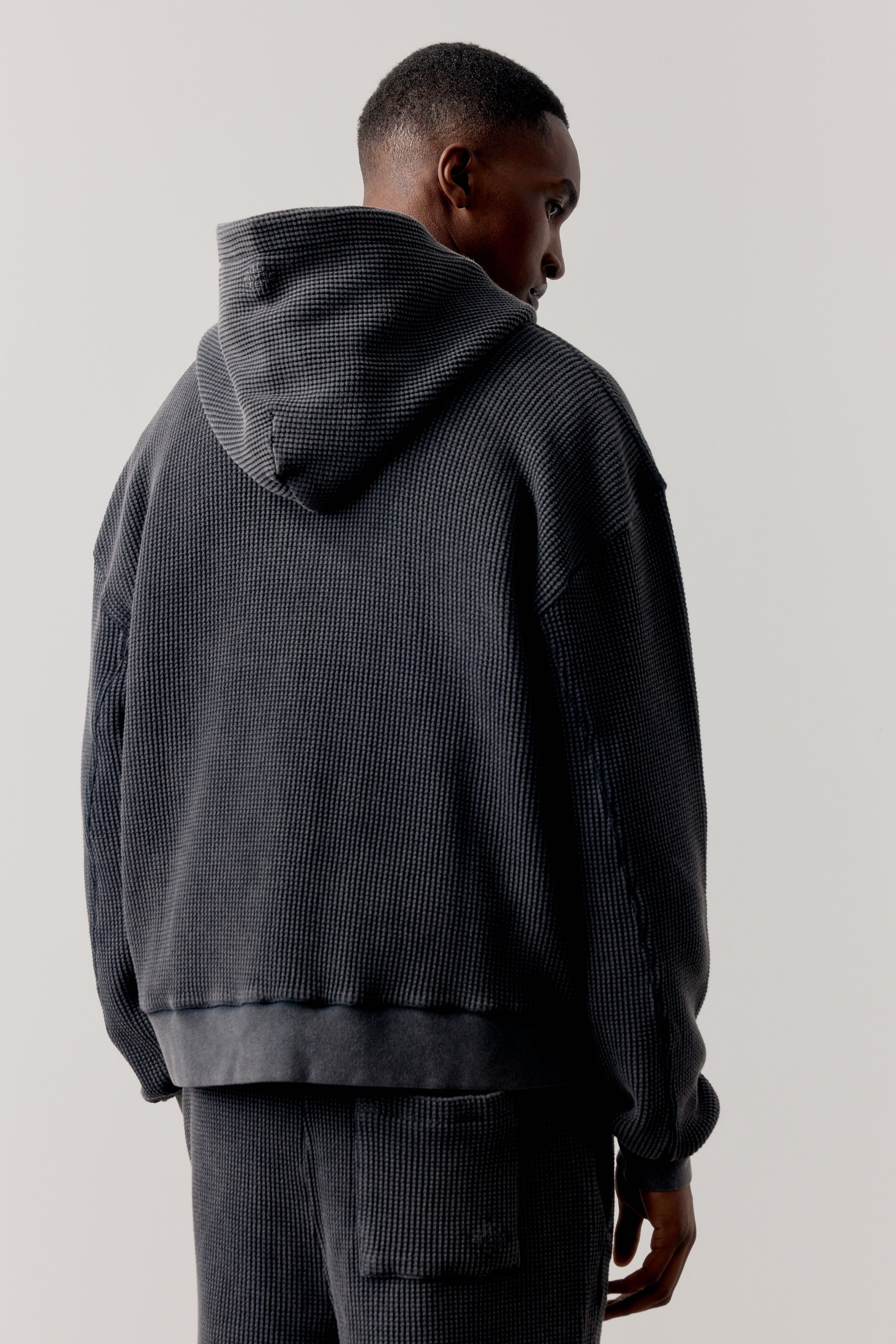 WAFFLE ZIP THROUGH HOODIE - BLACK