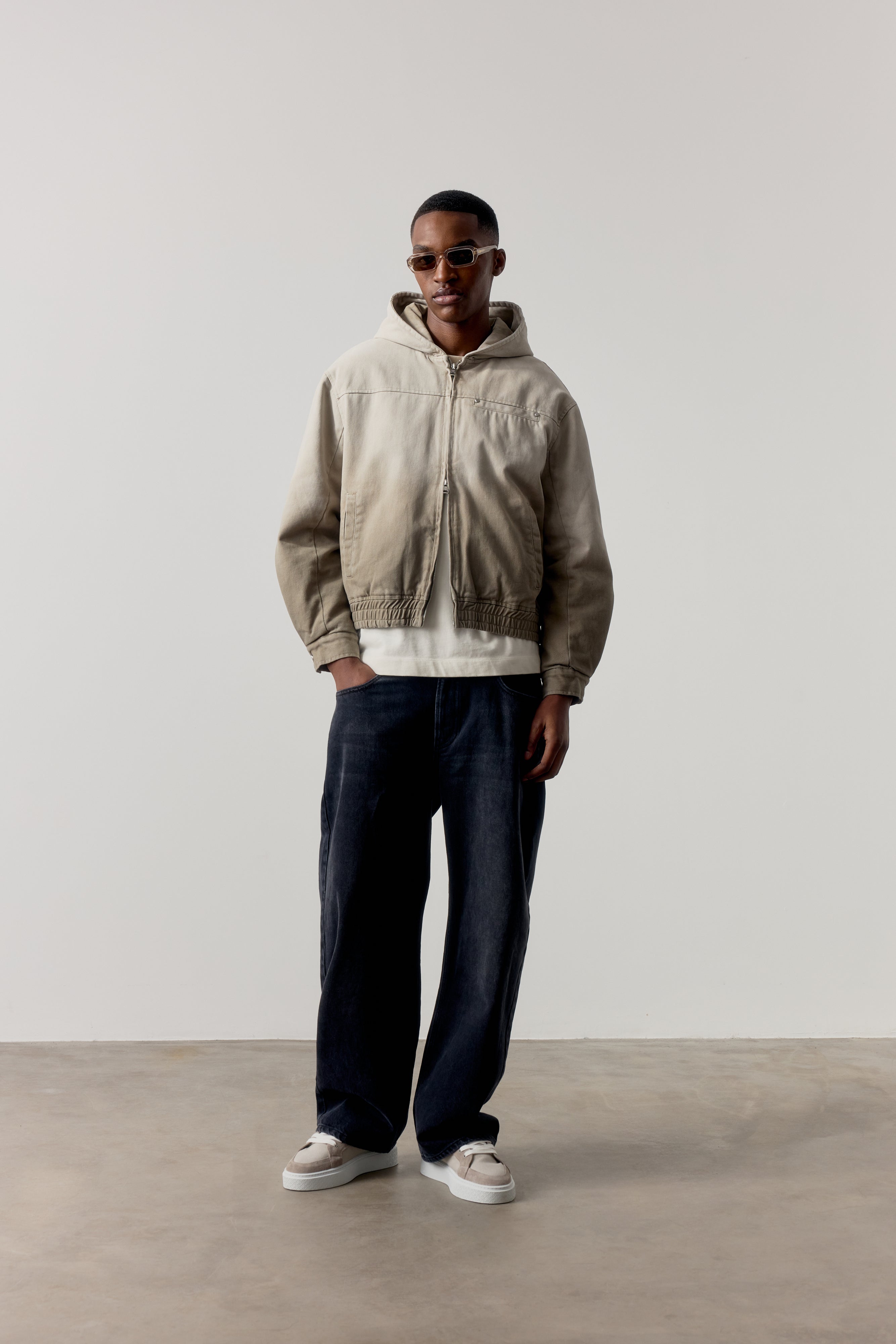 WASHED TWILL HOODED PADDED JACKET - STONE