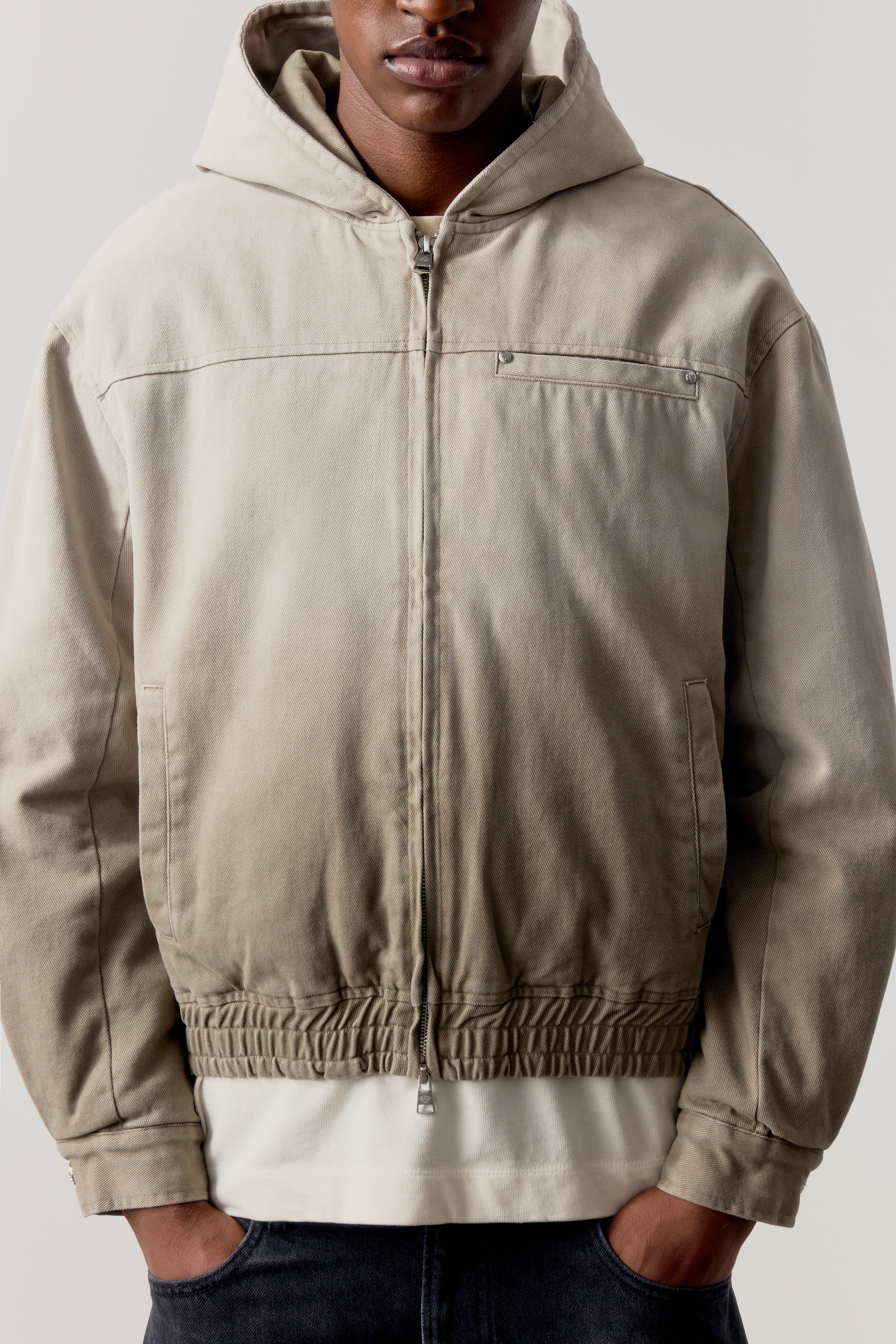 WASHED TWILL HOODED PADDED JACKET - STONE