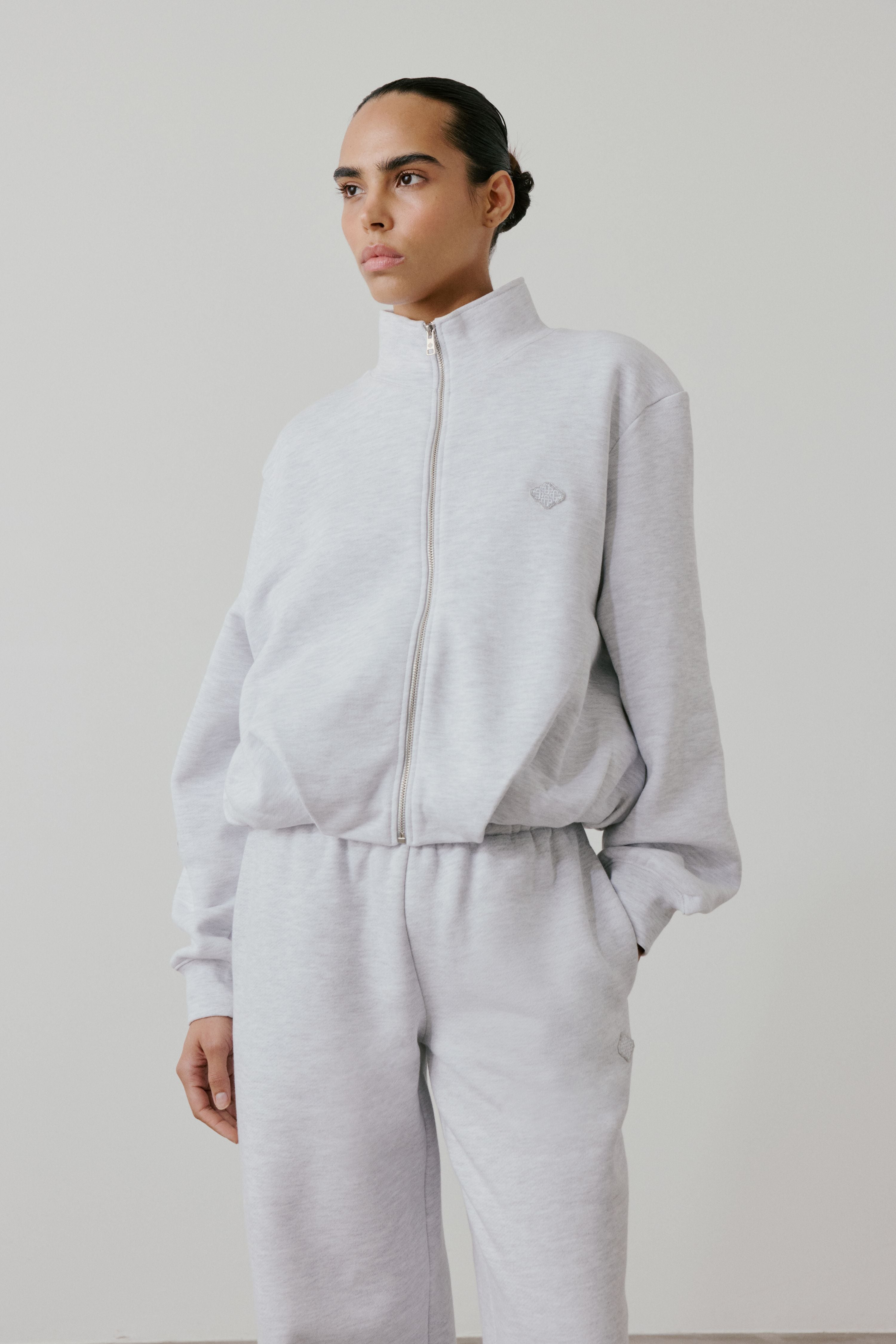 FUNNEL NECK BALLOON HEM ZIP THROUGH - GREY MARL