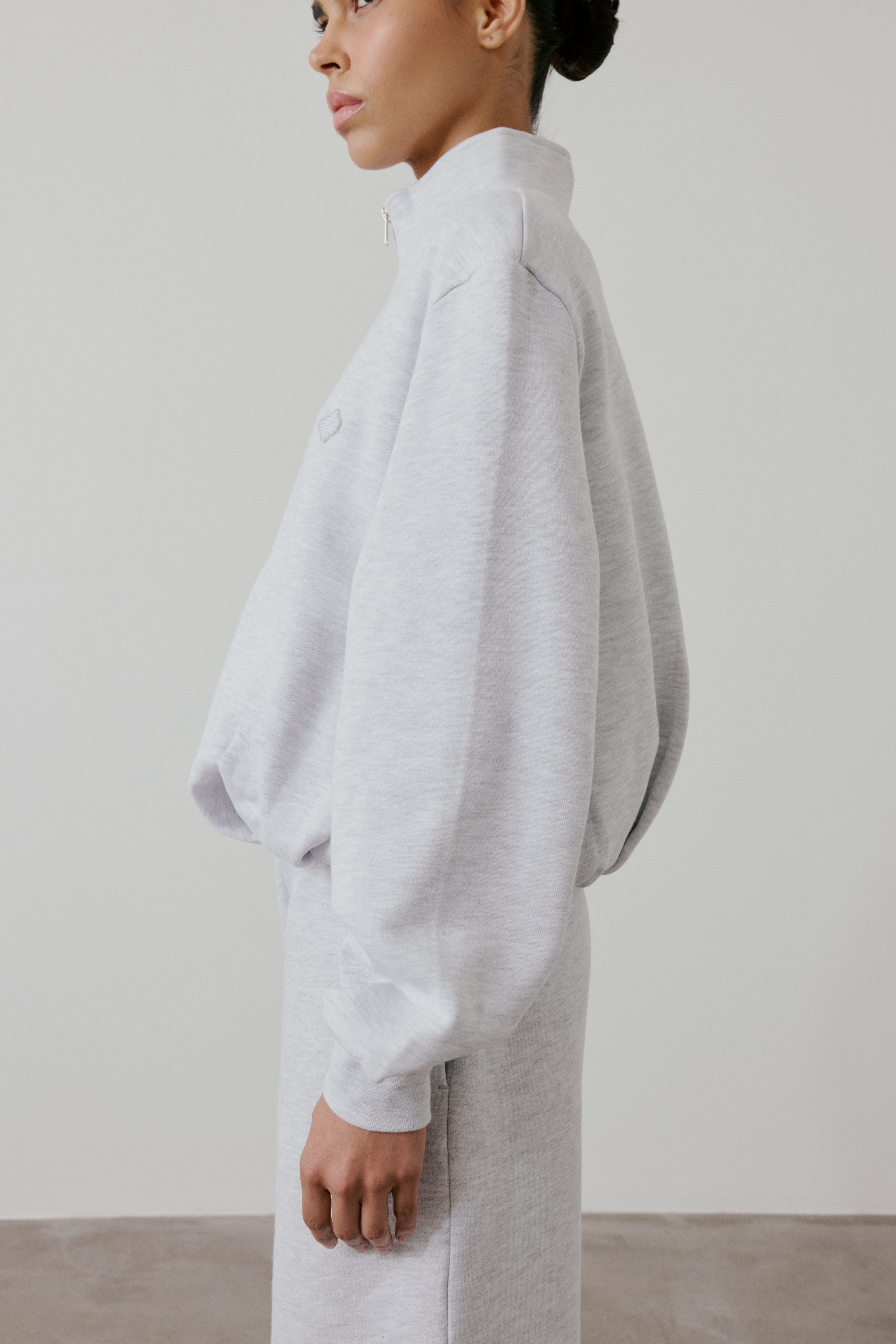 FUNNEL NECK BALLOON HEM ZIP THROUGH - GREY MARL