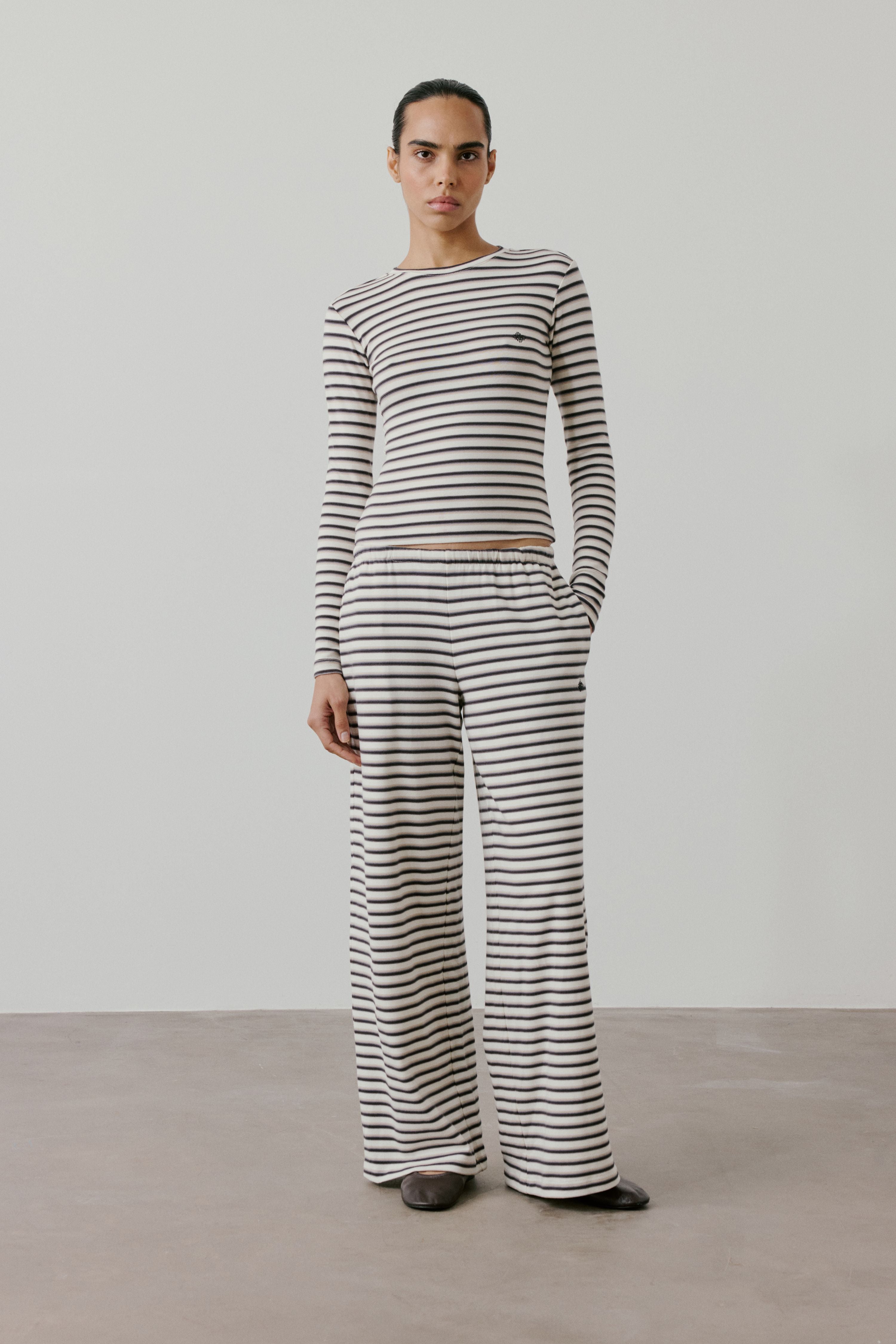 STRIPE COTTON LONG SLEEVE TEE - BEIGE