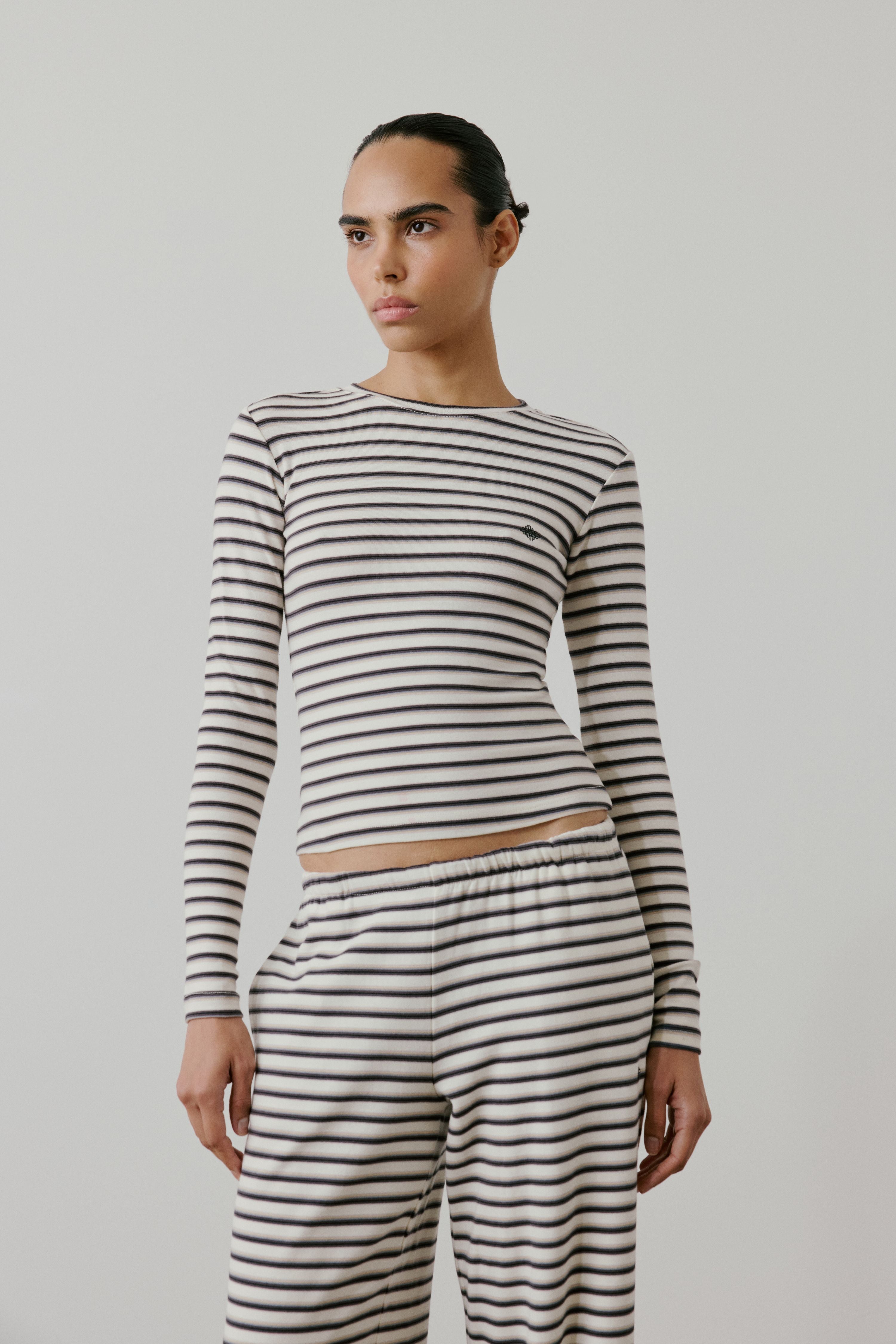 STRIPE COTTON LONG SLEEVE TEE - BEIGE