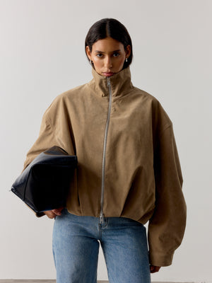 FAUX SUEDE FUNNEL NECK JACKET - BEIGE