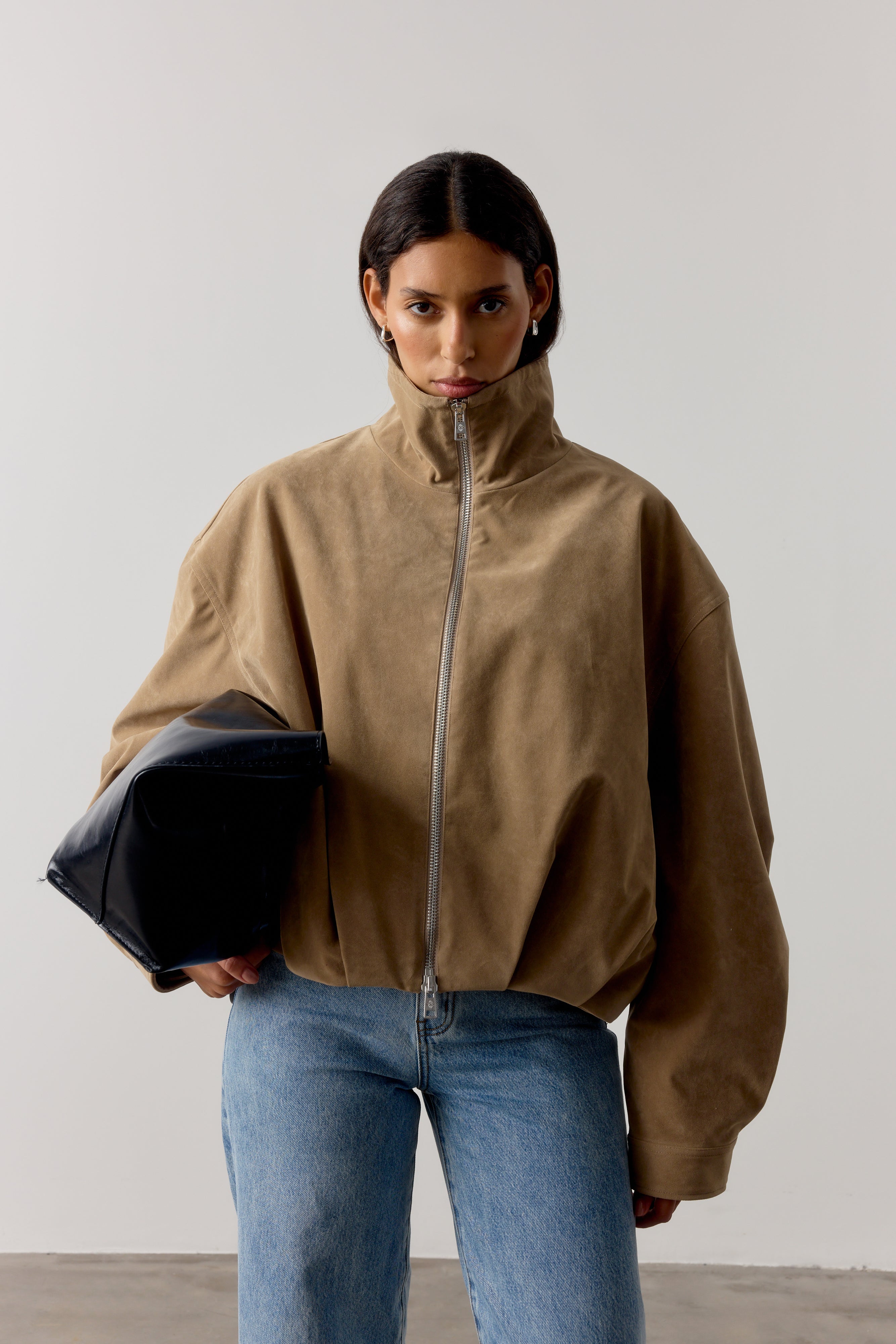 FAUX SUEDE FUNNEL NECK JACKET - BEIGE