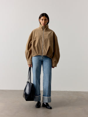 FAUX SUEDE FUNNEL NECK JACKET - BEIGE