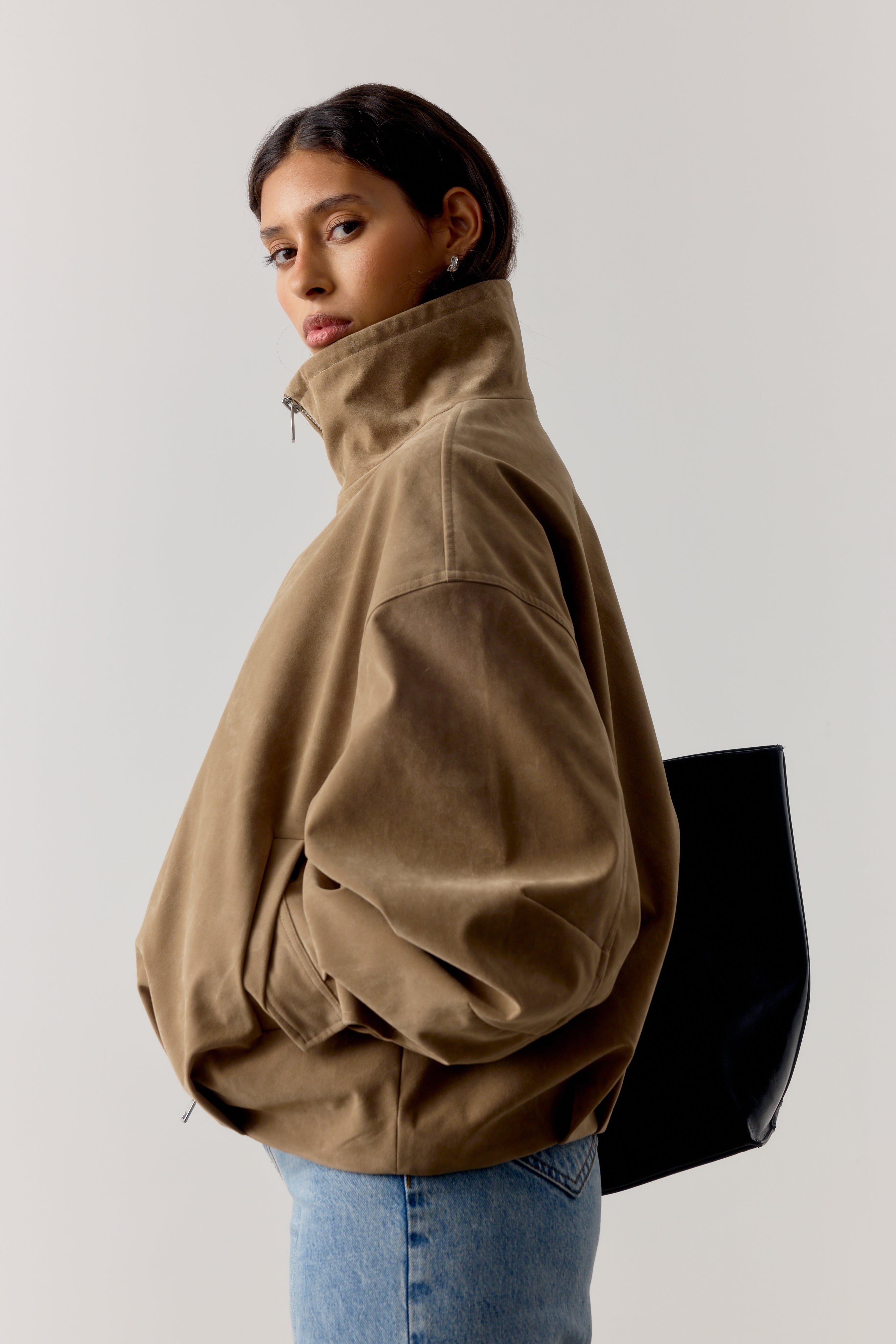 FAUX SUEDE FUNNEL NECK JACKET - BEIGE