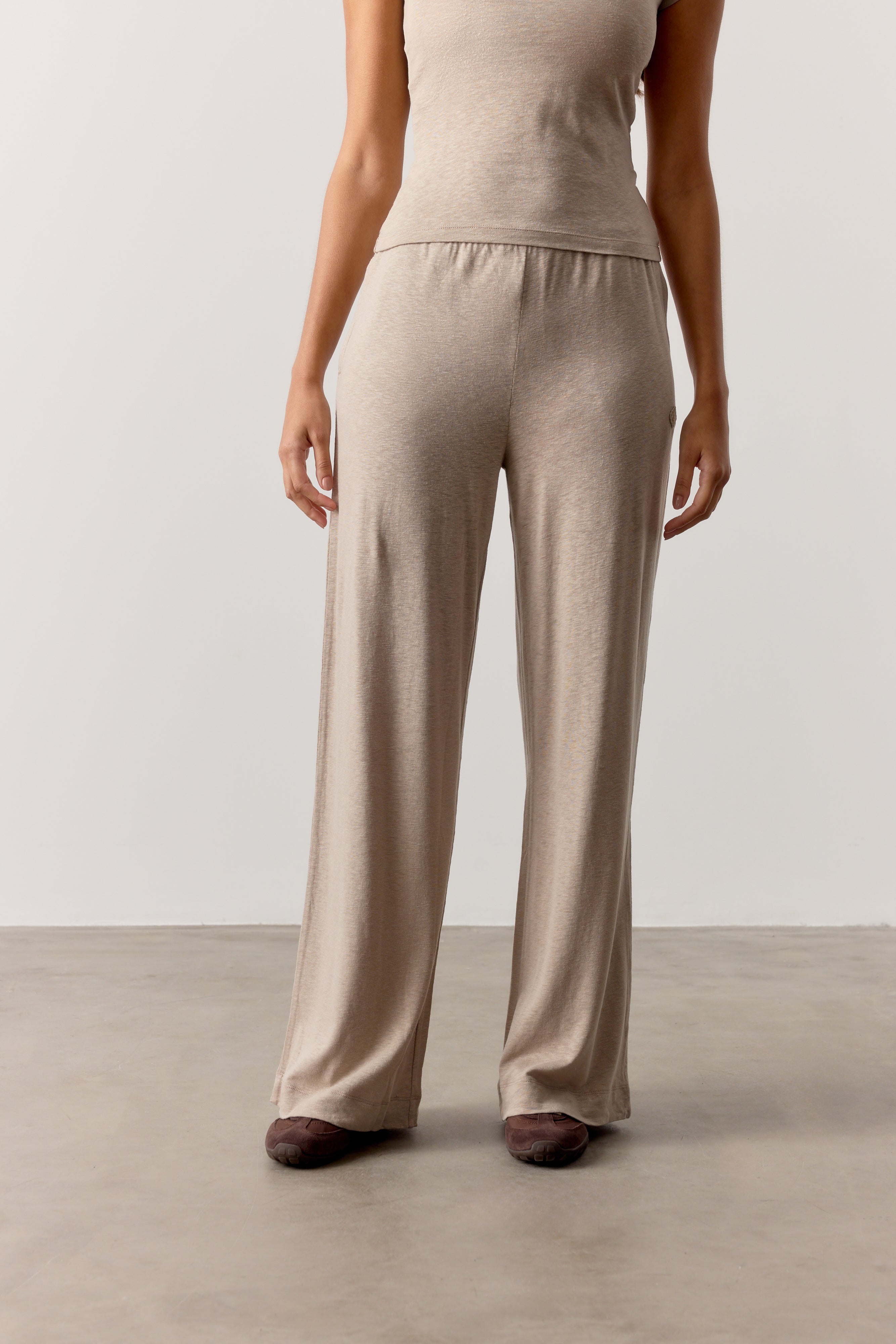 MARL SLUB WIDE LEG JOGGERS - MUSHROOM