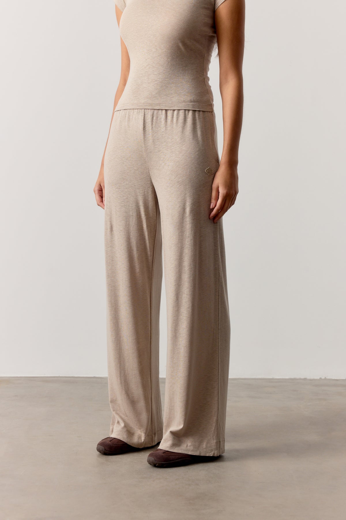 MARL SLUB WIDE LEG JOGGERS - MUSHROOM