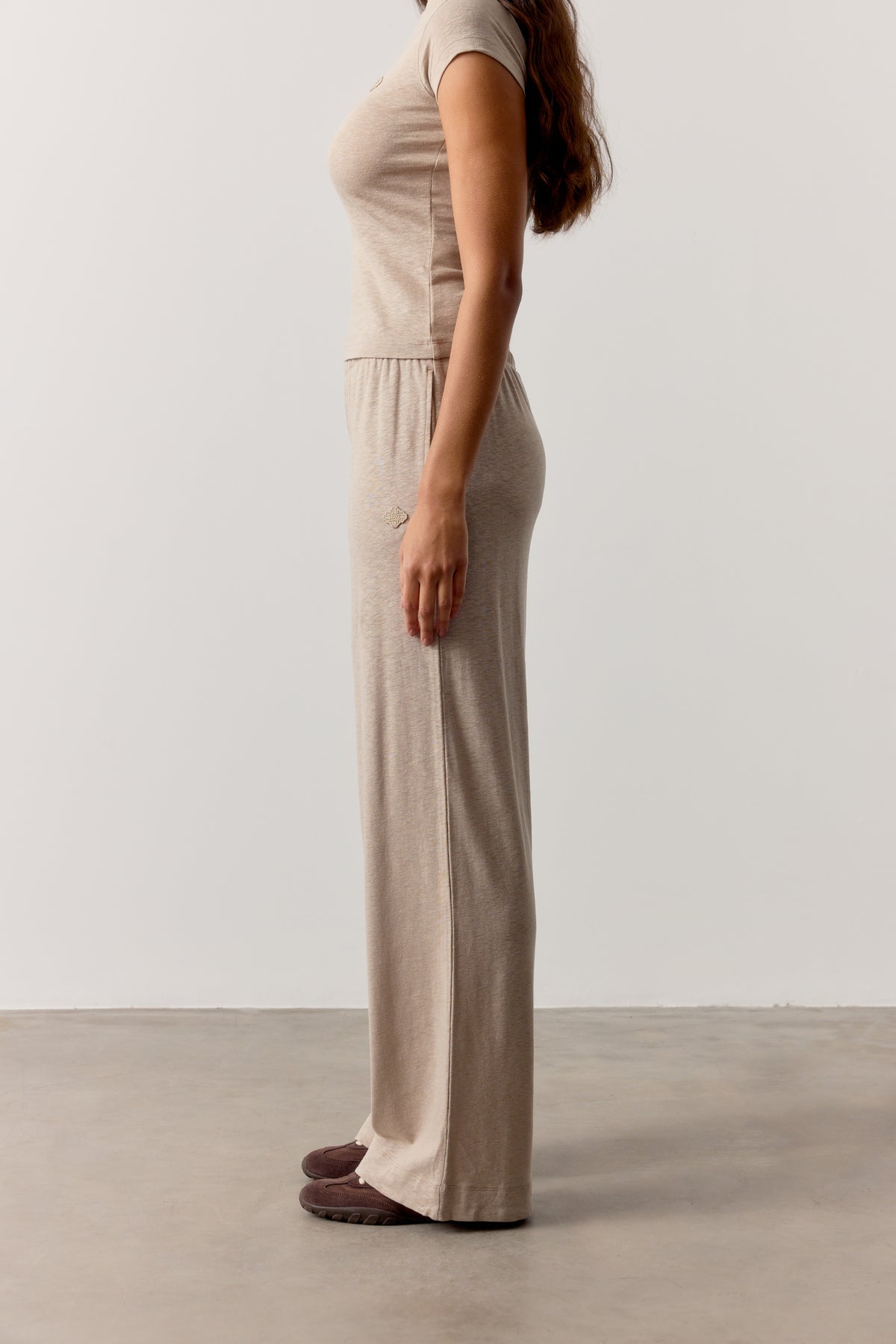 MARL SLUB WIDE LEG JOGGERS - MUSHROOM