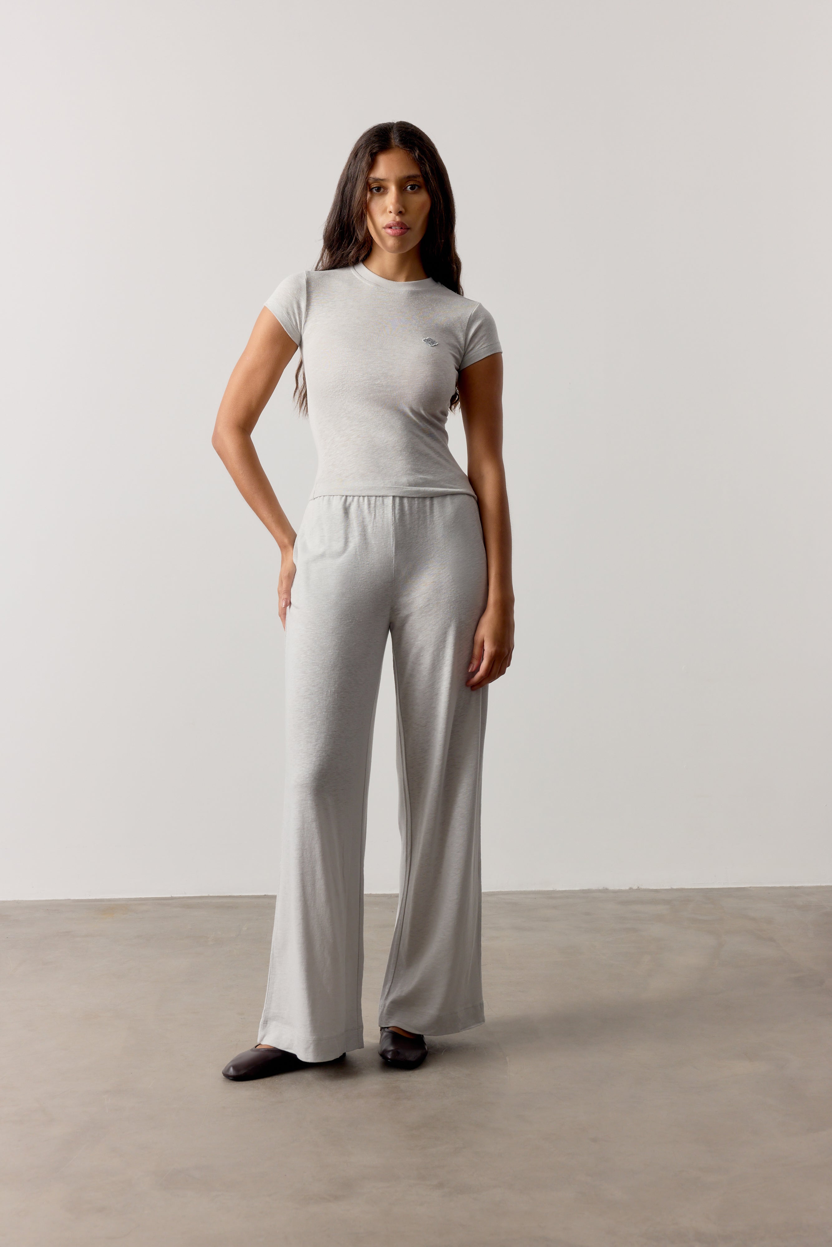 MARL SLUB WIDE LEG JOGGERS - GREY