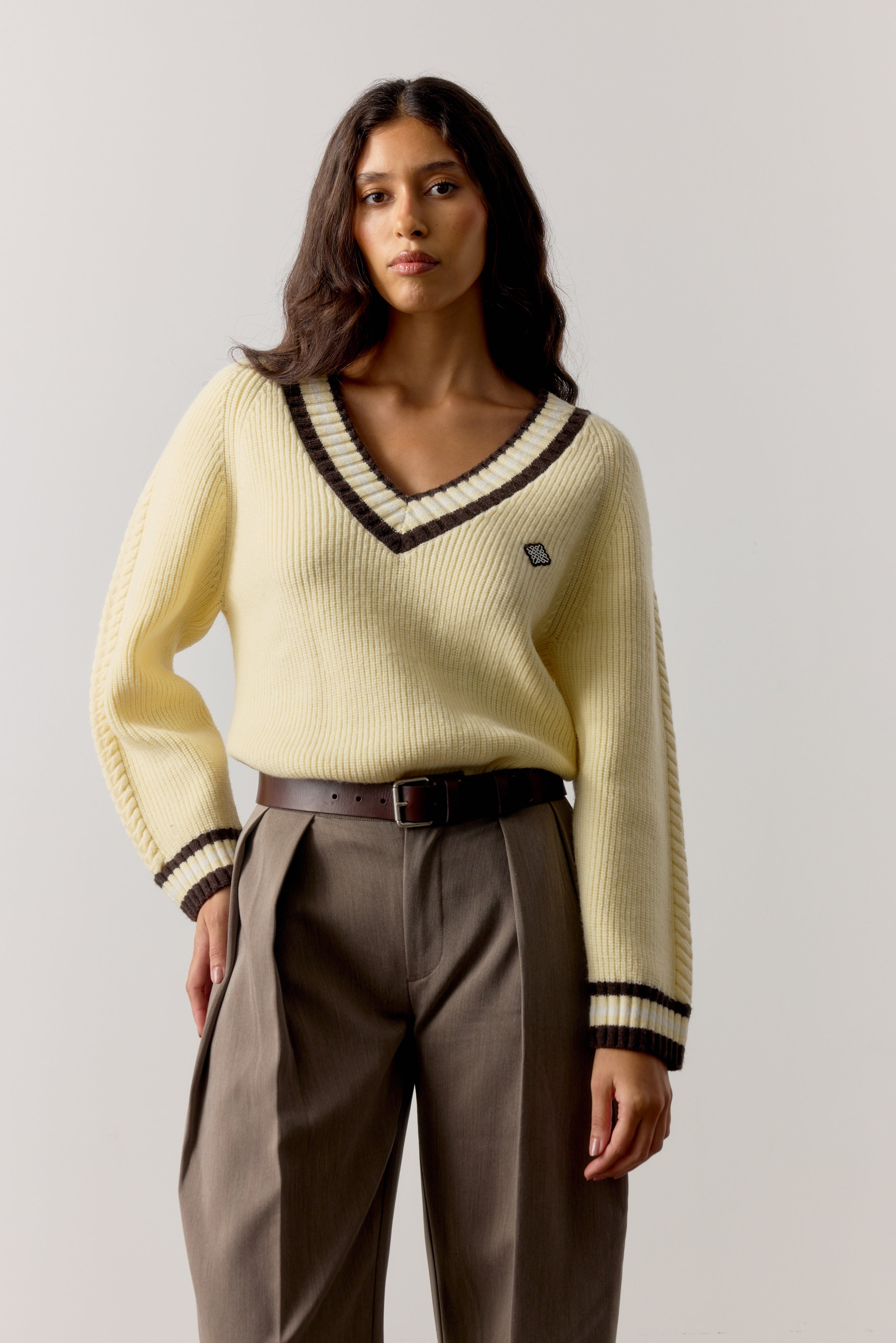 KNIT CONTRAST STRIPE V NECK CRICKET JUMPER - BUTTERMILK