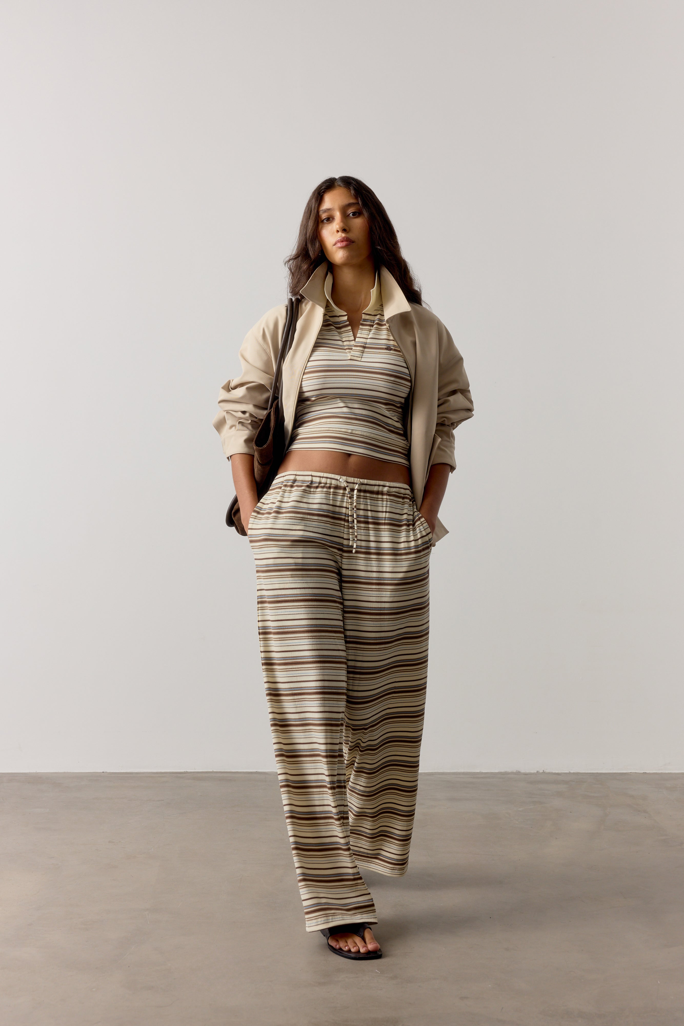 STRIPE WIDE LEG TROUSERS - BEIGE