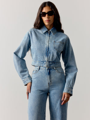 ZIP THROUGH DENIM JACKET - MID BLUE WASH