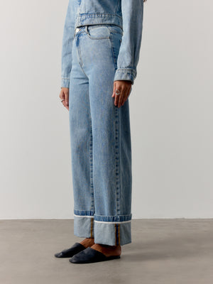 TURN UP HEM WIDE LEG JEANS - MID BLUE WASH