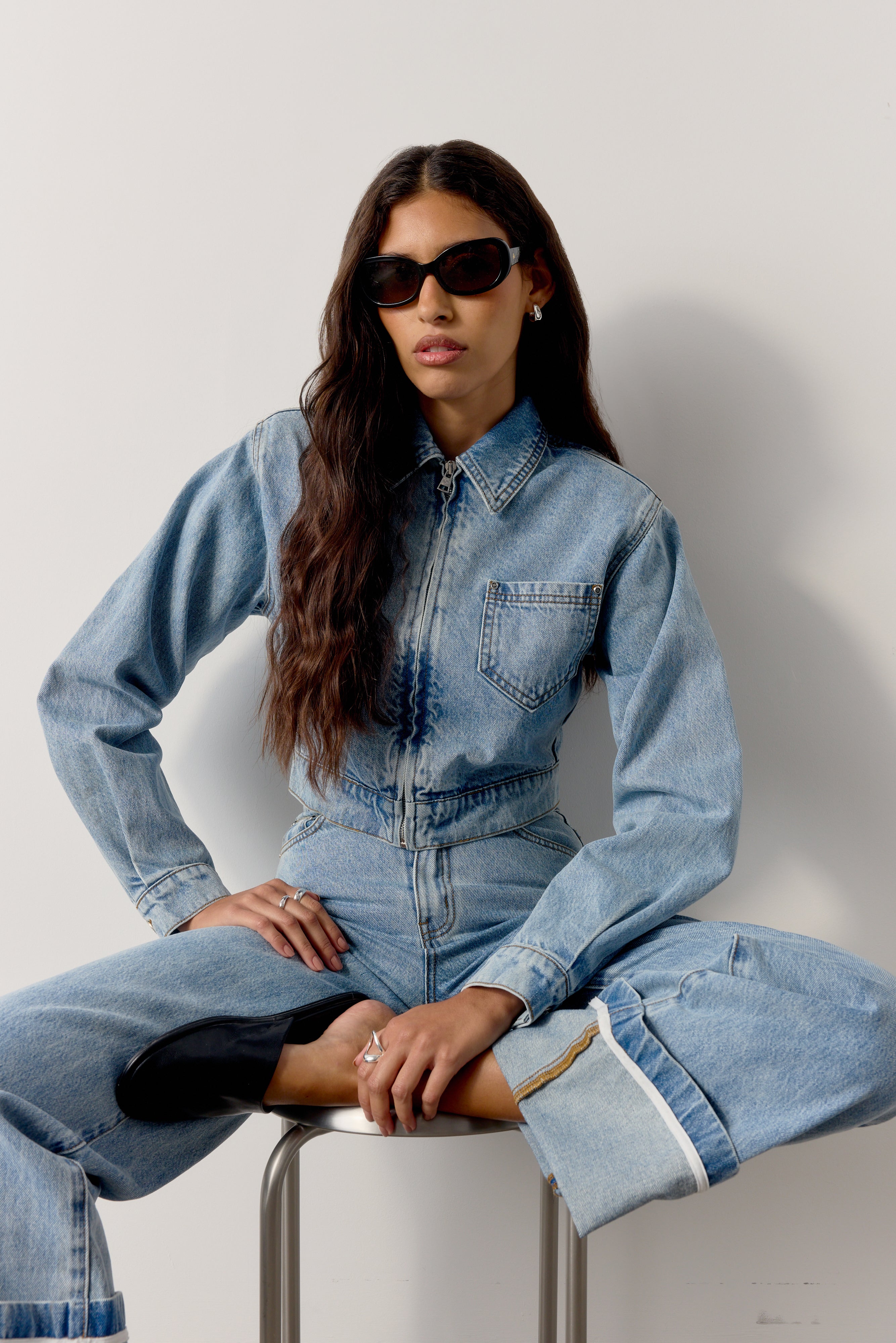 ZIP THROUGH DENIM JACKET - MID BLUE WASH