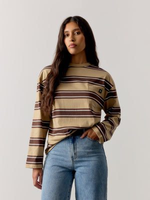 STRIPE POCKET LONG SLEEVE T SHIRT - CHOCOLATE