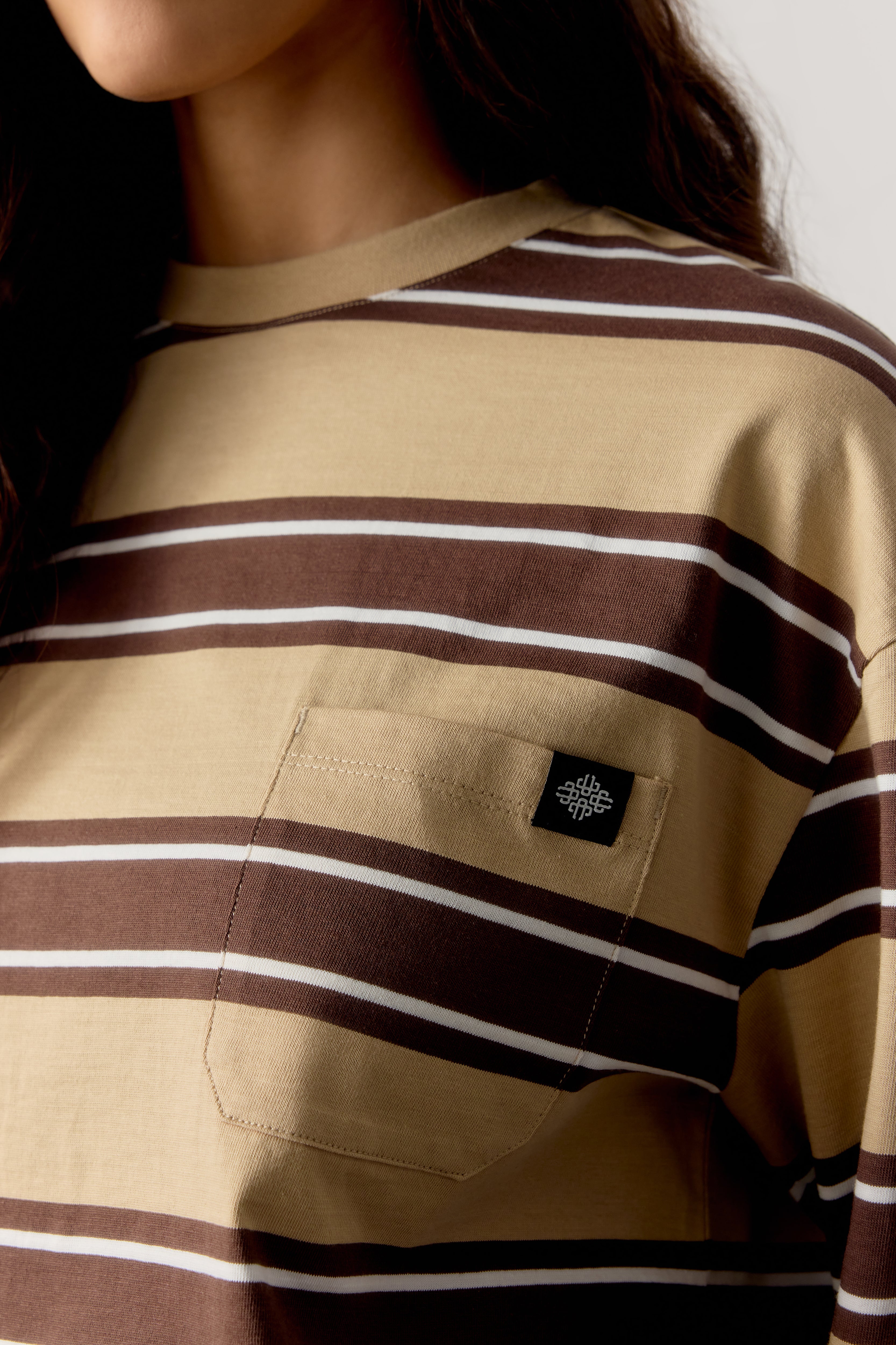 STRIPE POCKET LONG SLEEVE T SHIRT - CHOCOLATE