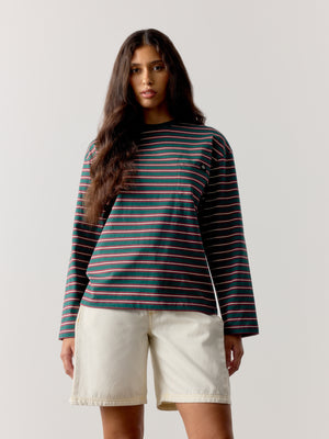 STRIPE POCKET LONG SLEEVE T SHIRT - FOREST GREEN