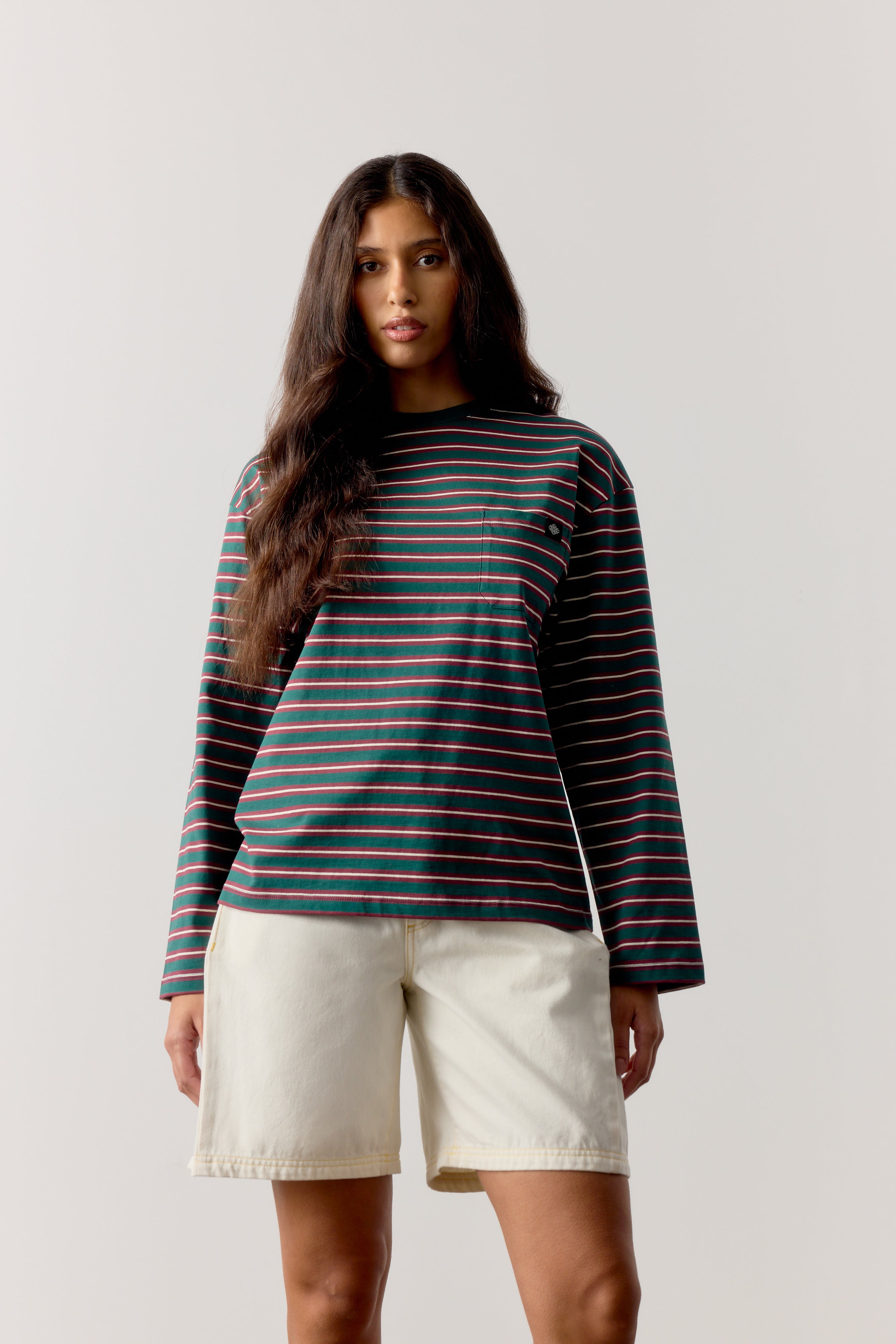 STRIPE POCKET LONG SLEEVE T SHIRT - FOREST GREEN