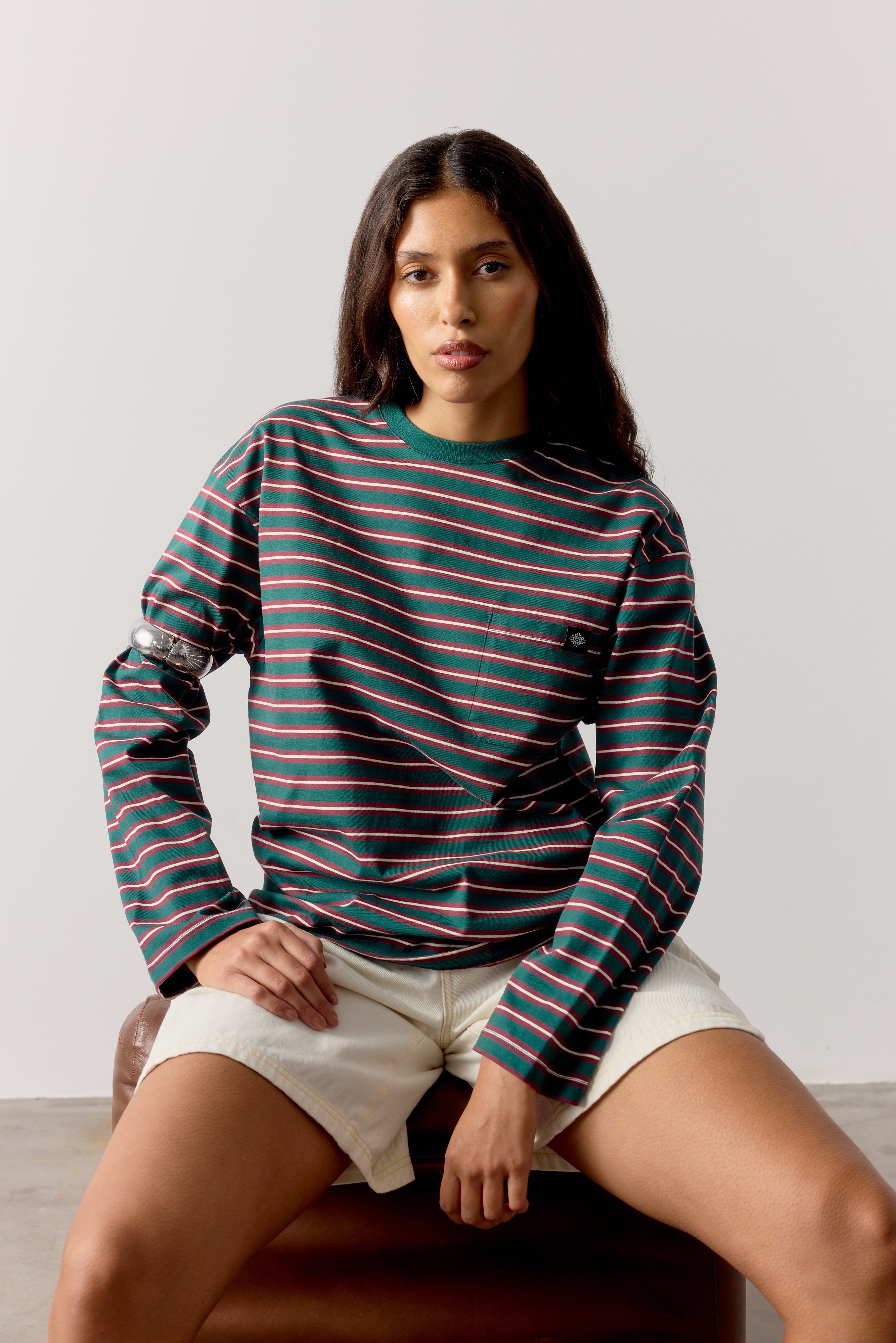 STRIPE POCKET LONG SLEEVE T SHIRT - FOREST GREEN