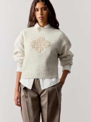 CONTRAST EMBLEM KNIT CREW - BEIGE