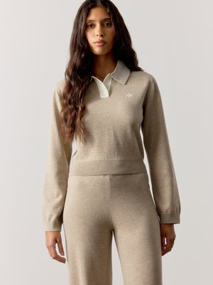 LONG SLEEVE KNITTED COLLAR POLO TOP - BEIGE