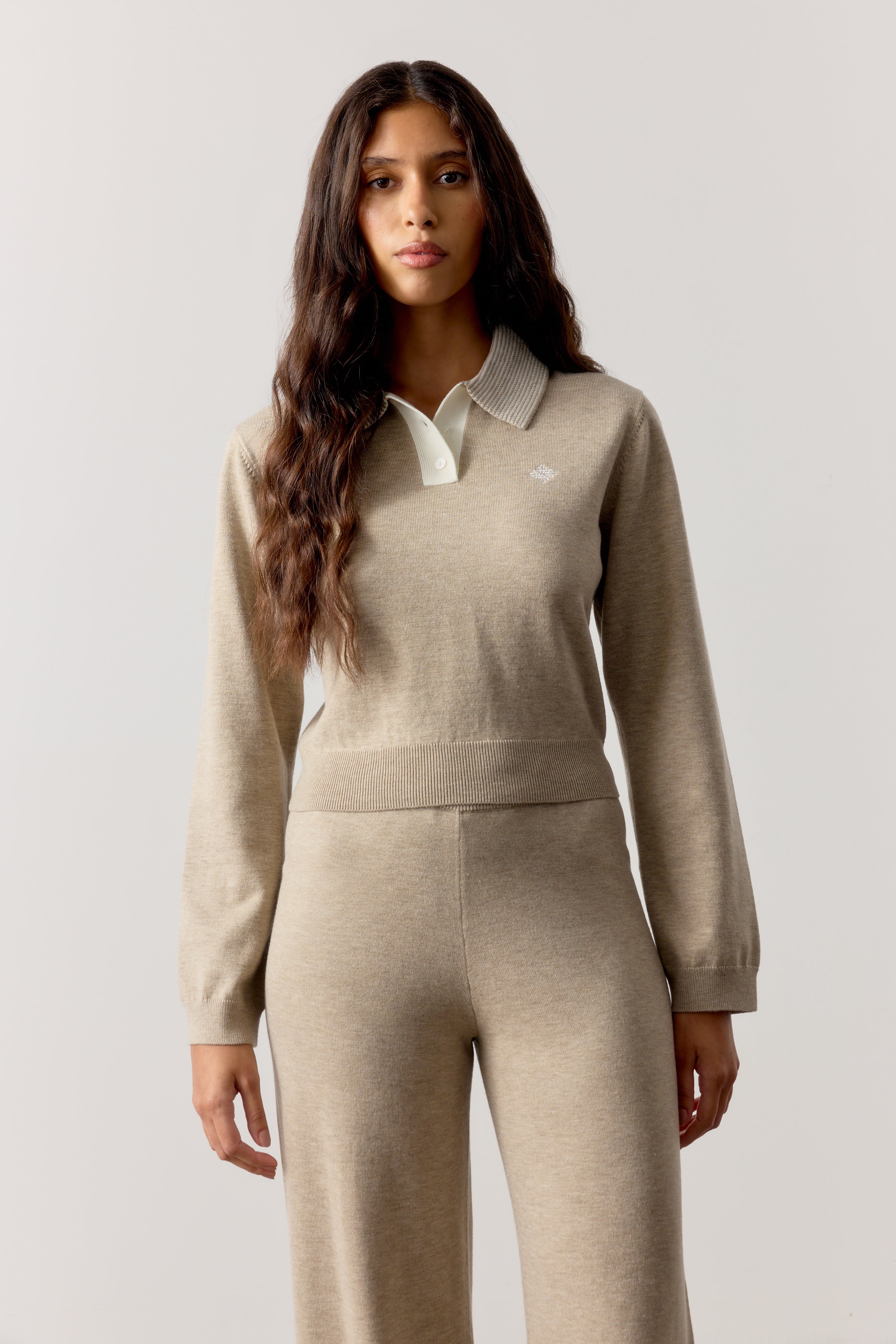 LONG SLEEVE KNITTED COLLAR POLO TOP - BEIGE