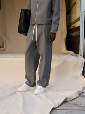 PLEATED WIDE LEG WOOL BLEND TROUSERS - GREY