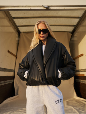 OVERSIZED COLLAR FAUX LEATHER PUFFER COAT - BLACK