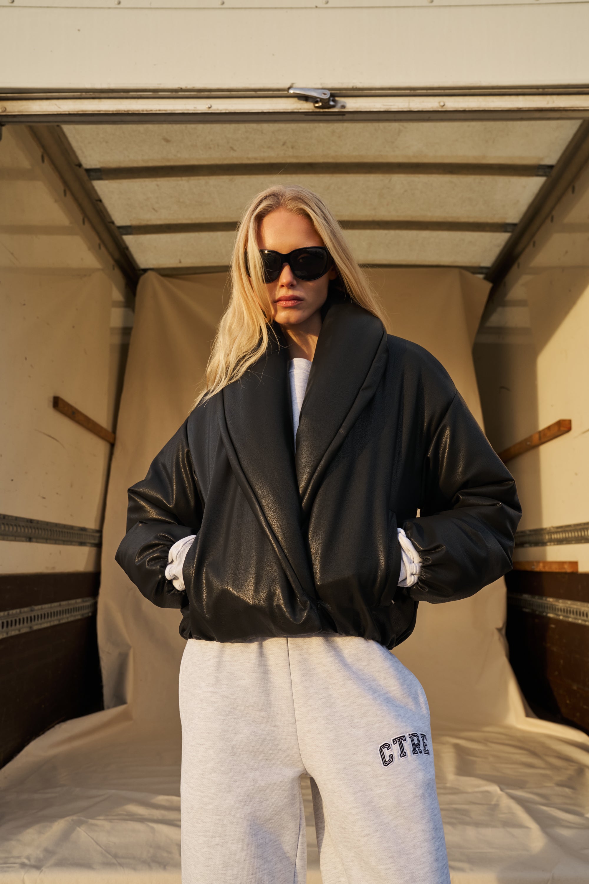OVERSIZED COLLAR FAUX LEATHER PUFFER COAT - BLACK