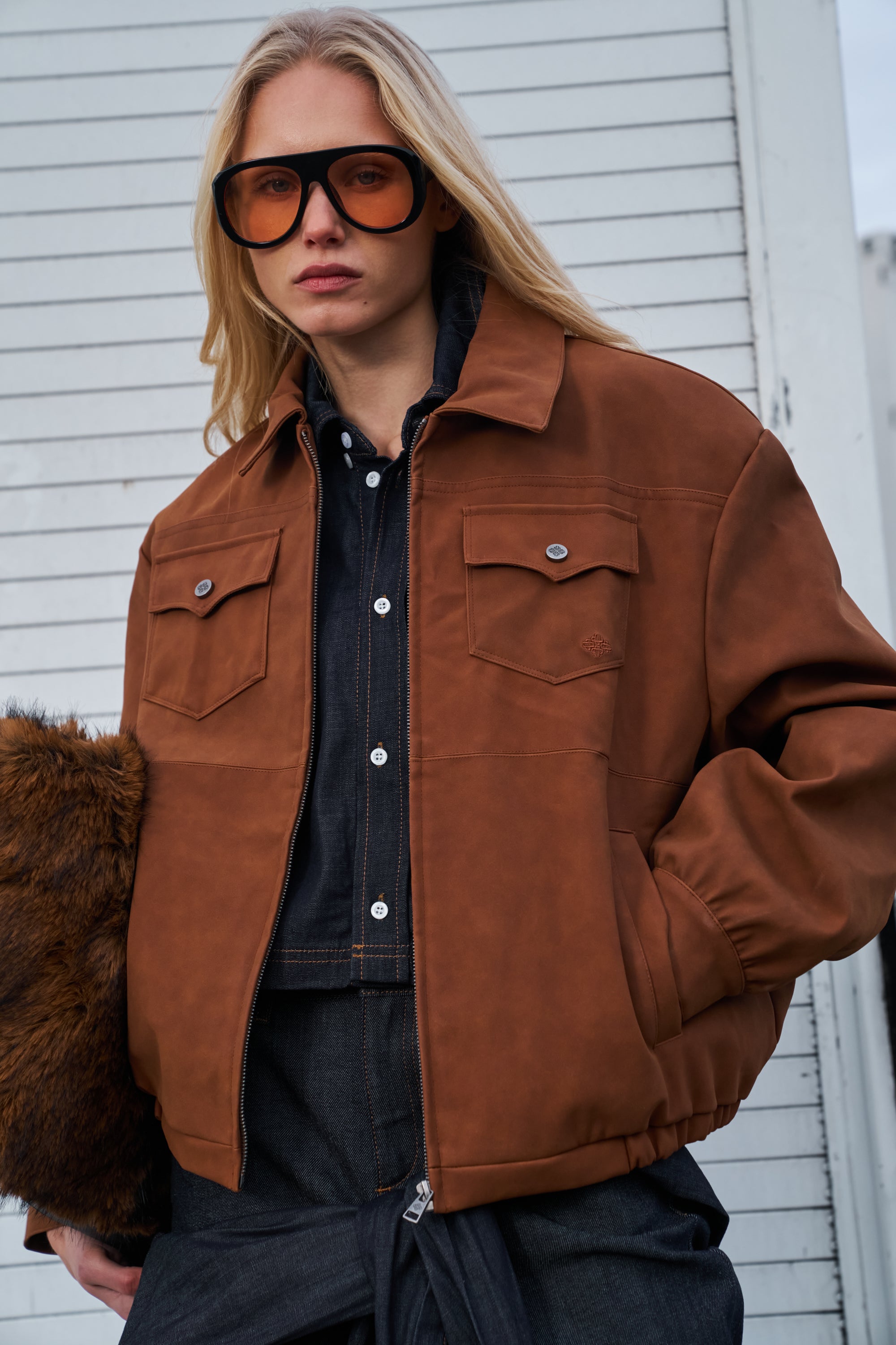 OVERSIZED FAUX SUEDE WESTERN JACKET - TAN