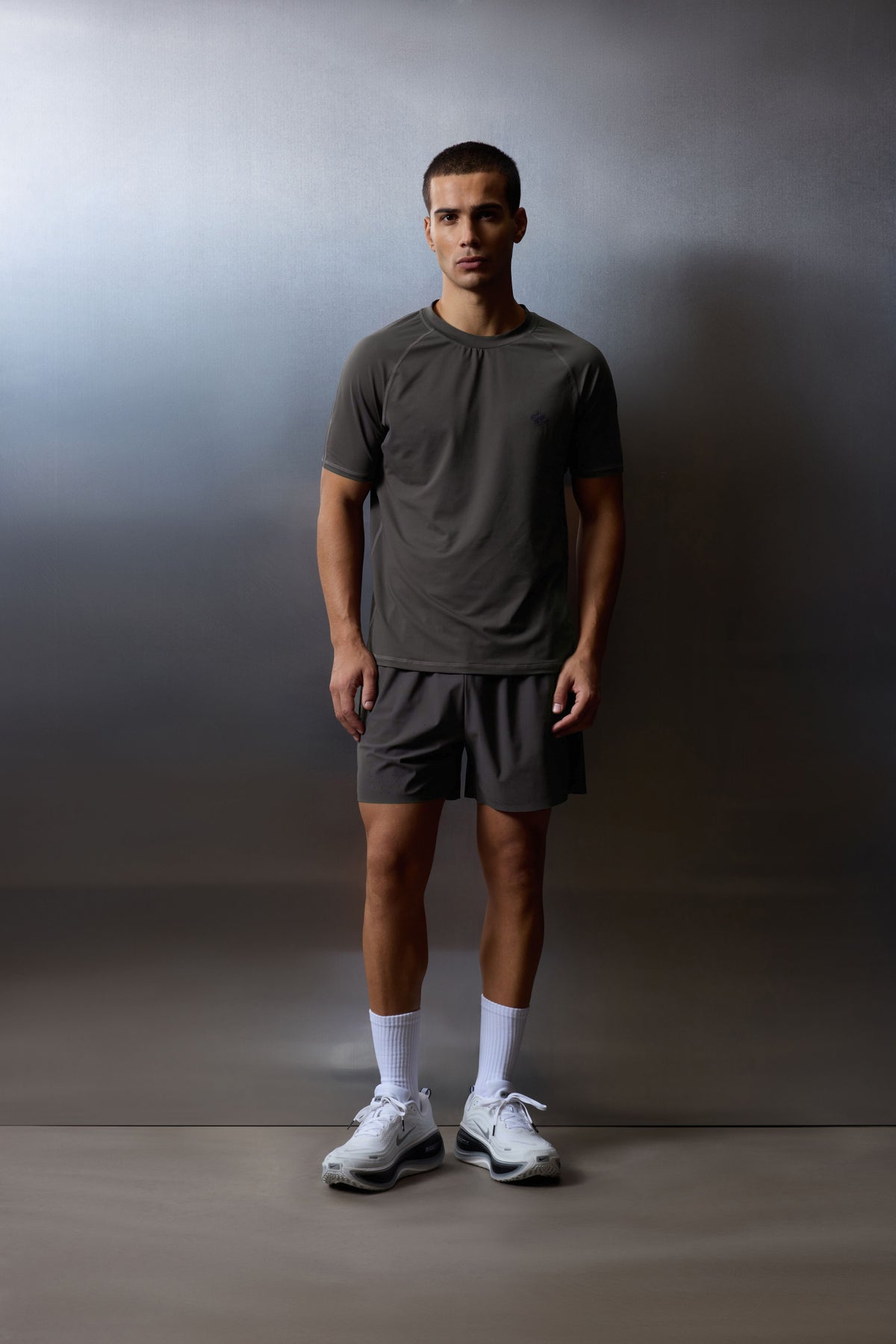 Men's Short Sleeve Training Top in Charcoal – full-length model shot