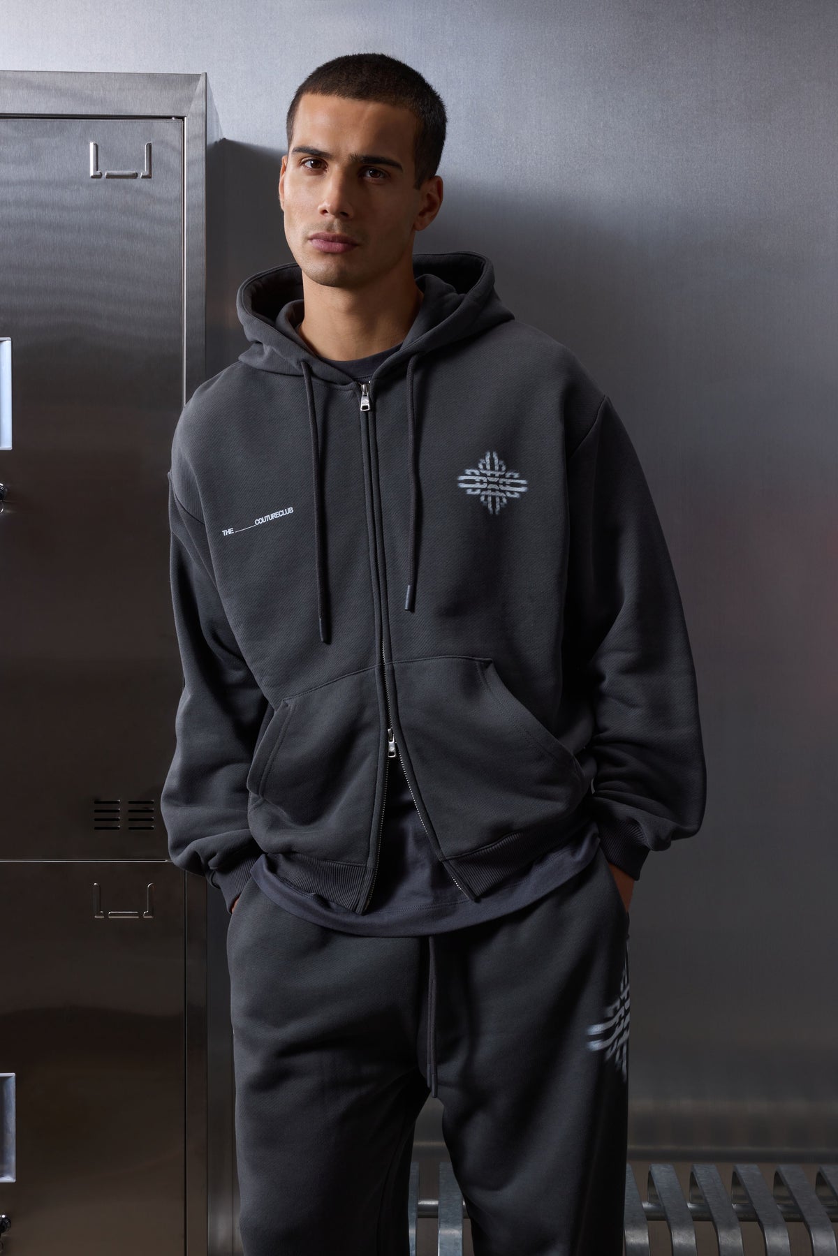 LUXURY IN MOTION GRAPHIC ZIP THROUGH HOODIE - CHARCOAL