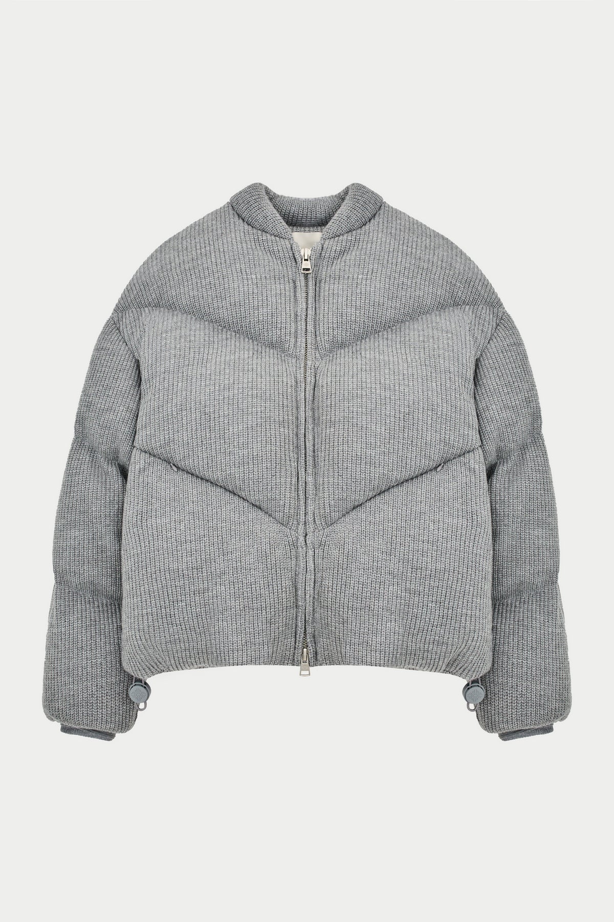 Knitted Chevron Panelled Puffer Coat - Grey Marl