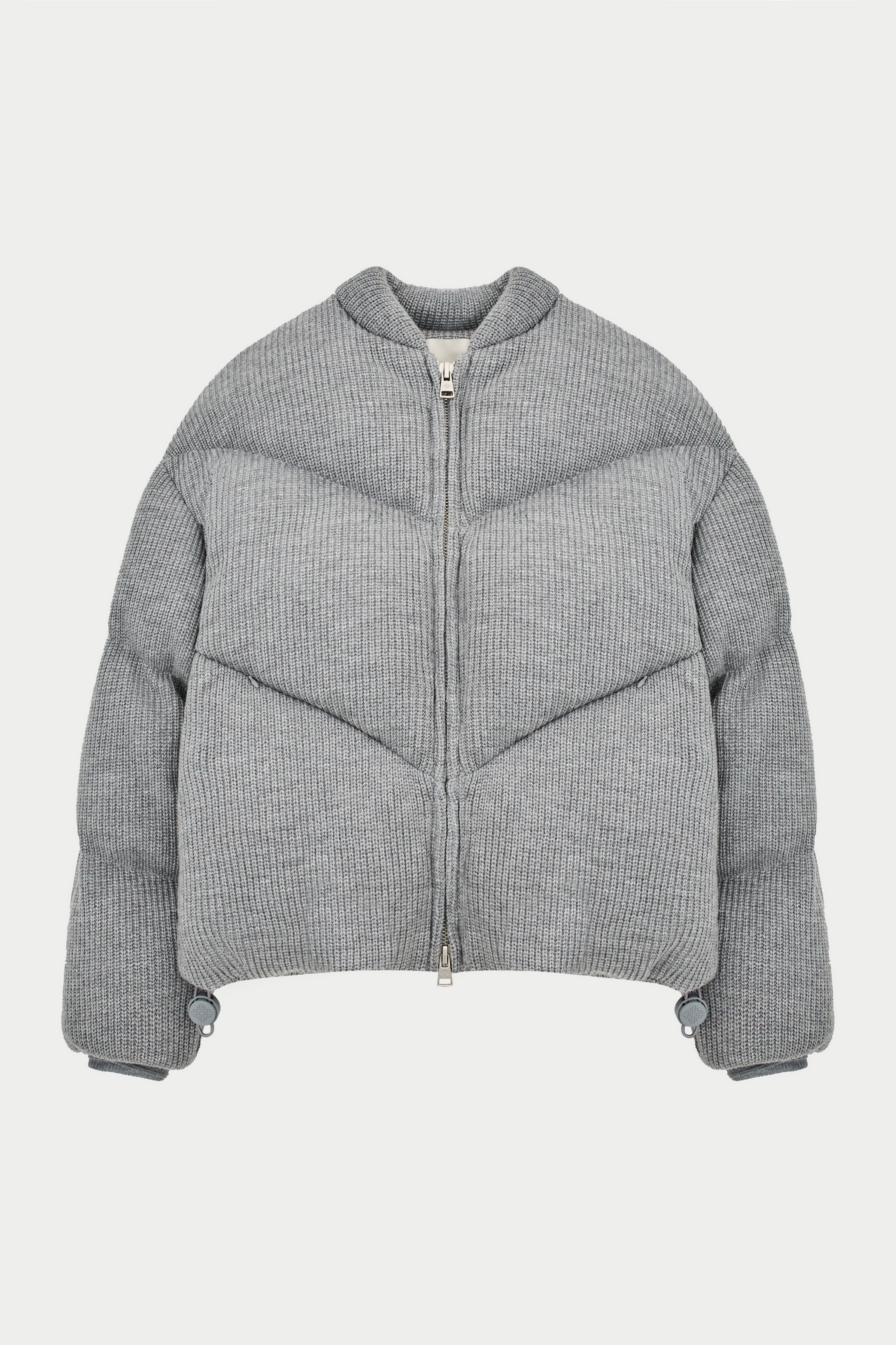KNITTED CHEVRON PANELLED PUFFER COAT - GREY MARL