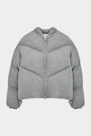 KNITTED CHEVRON PANELLED PUFFER COAT - GREY MARL