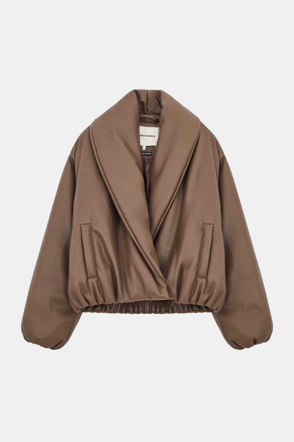 Oversized Collar Faux Leather Puffer Coat - Brown