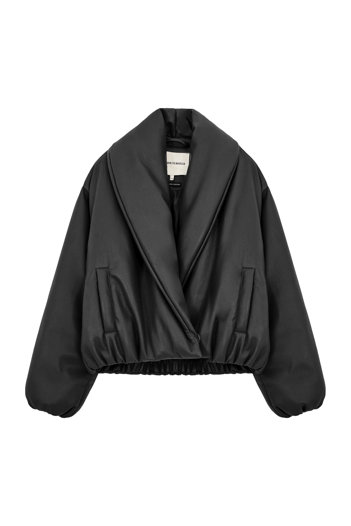 Oversized Collar Faux Leather Puffer Coat - Brown