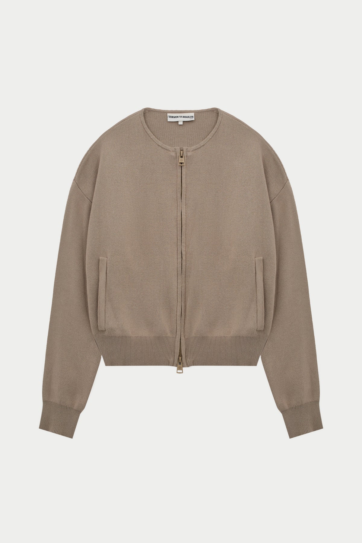 Collarless Knitted Zip Through Bomber - Beige