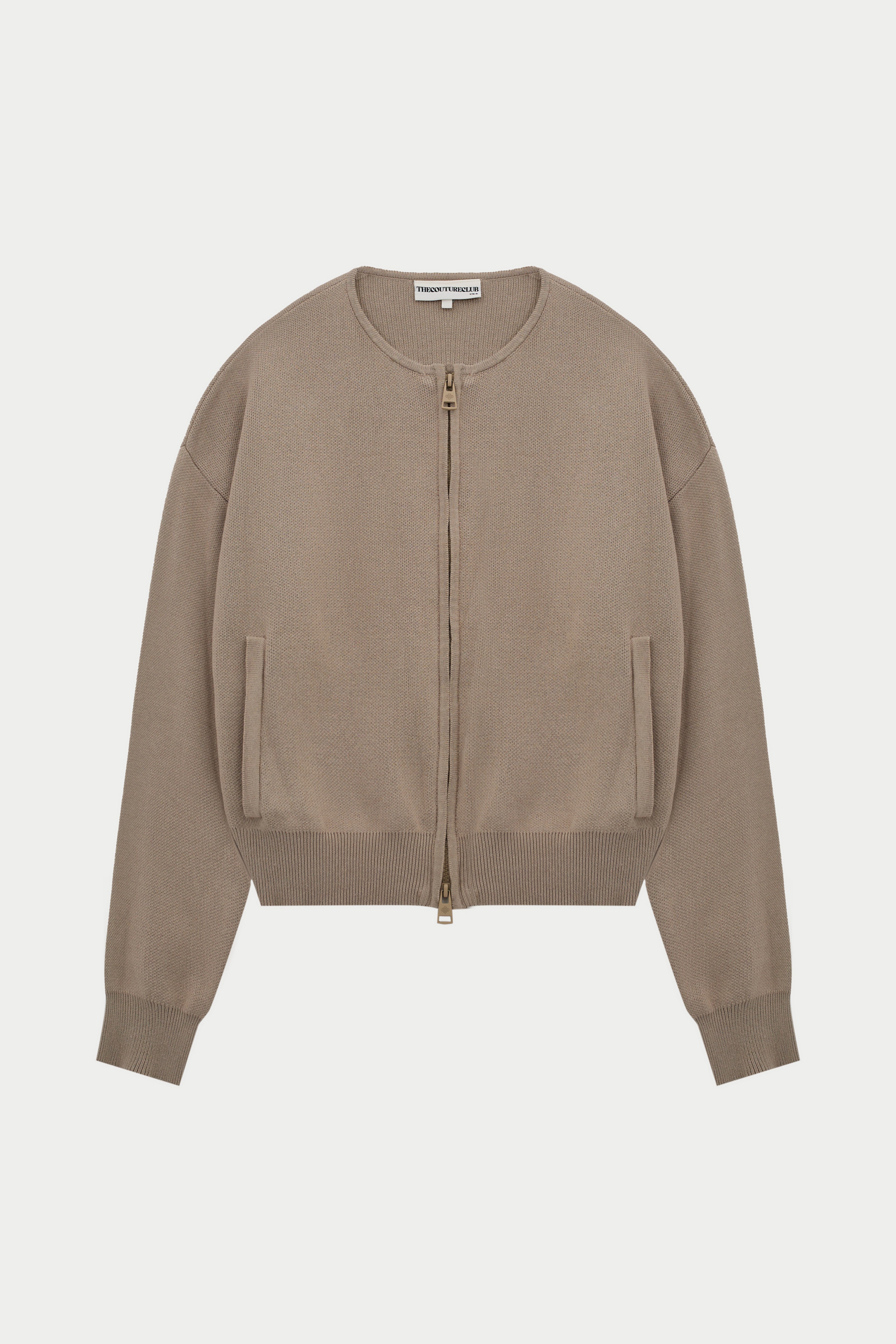 COLLARLESS KNITTED ZIP THROUGH BOMBER - BEIGE