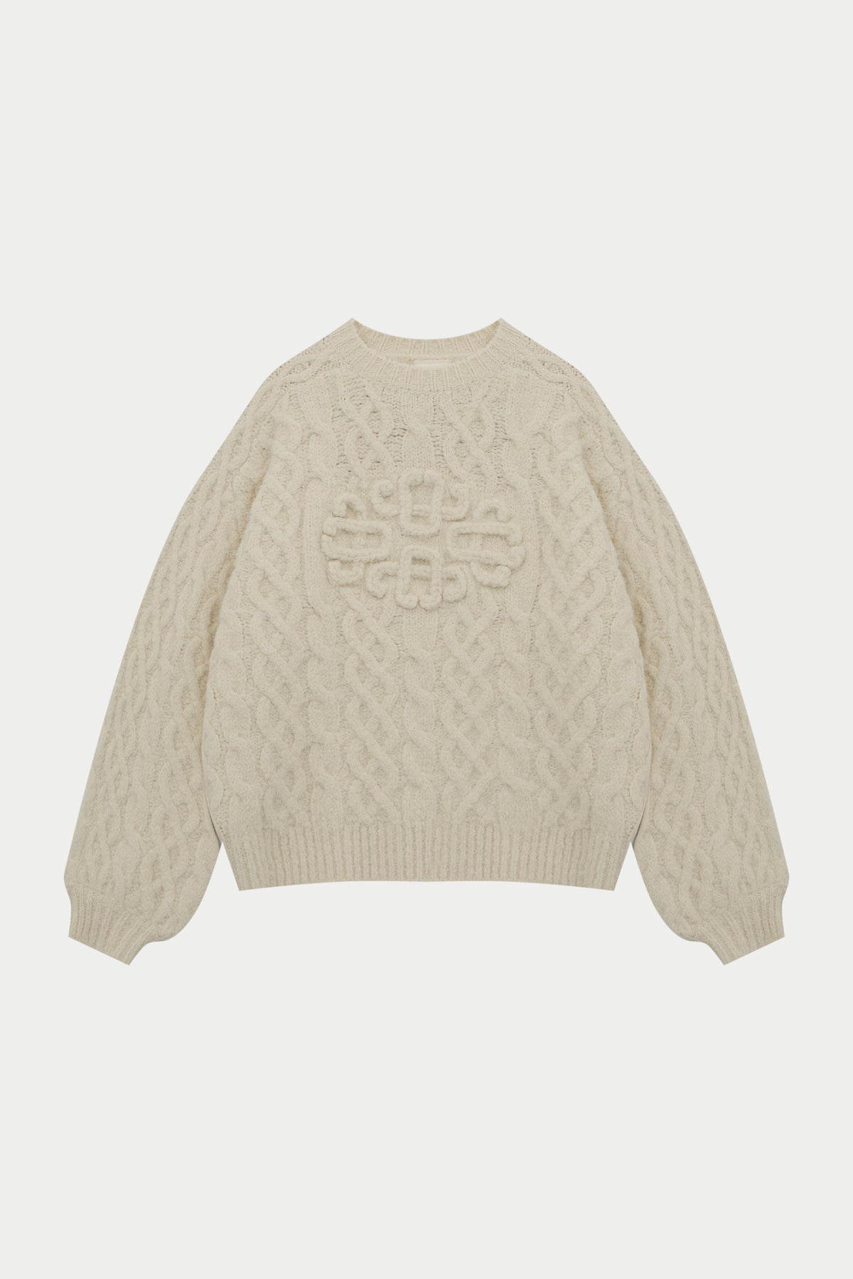 FLUFFY CABLE KNIT EMBLEM JUMPER - BEIGE