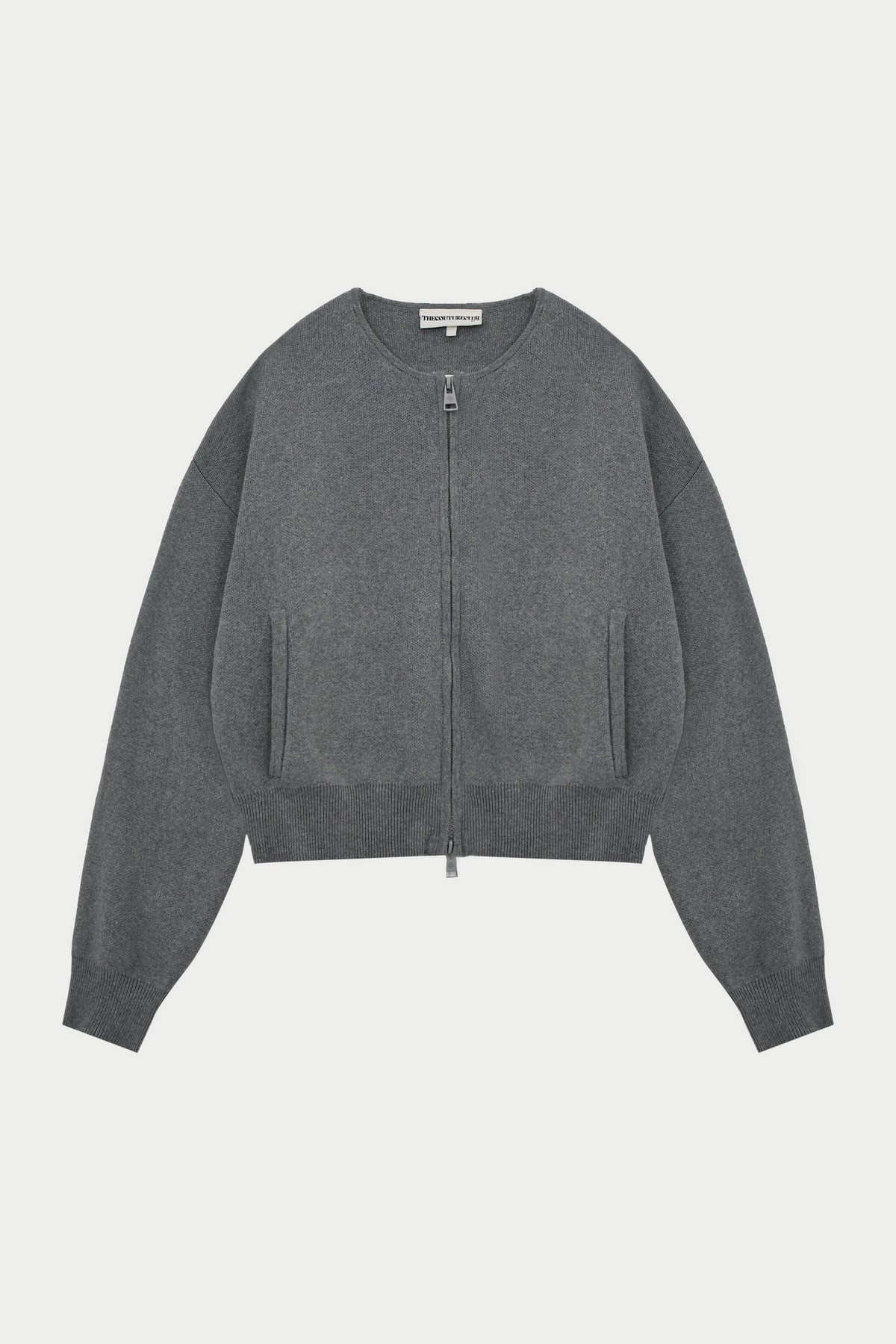 Collarless Knitted Zip Through Bomber - Grey Marl