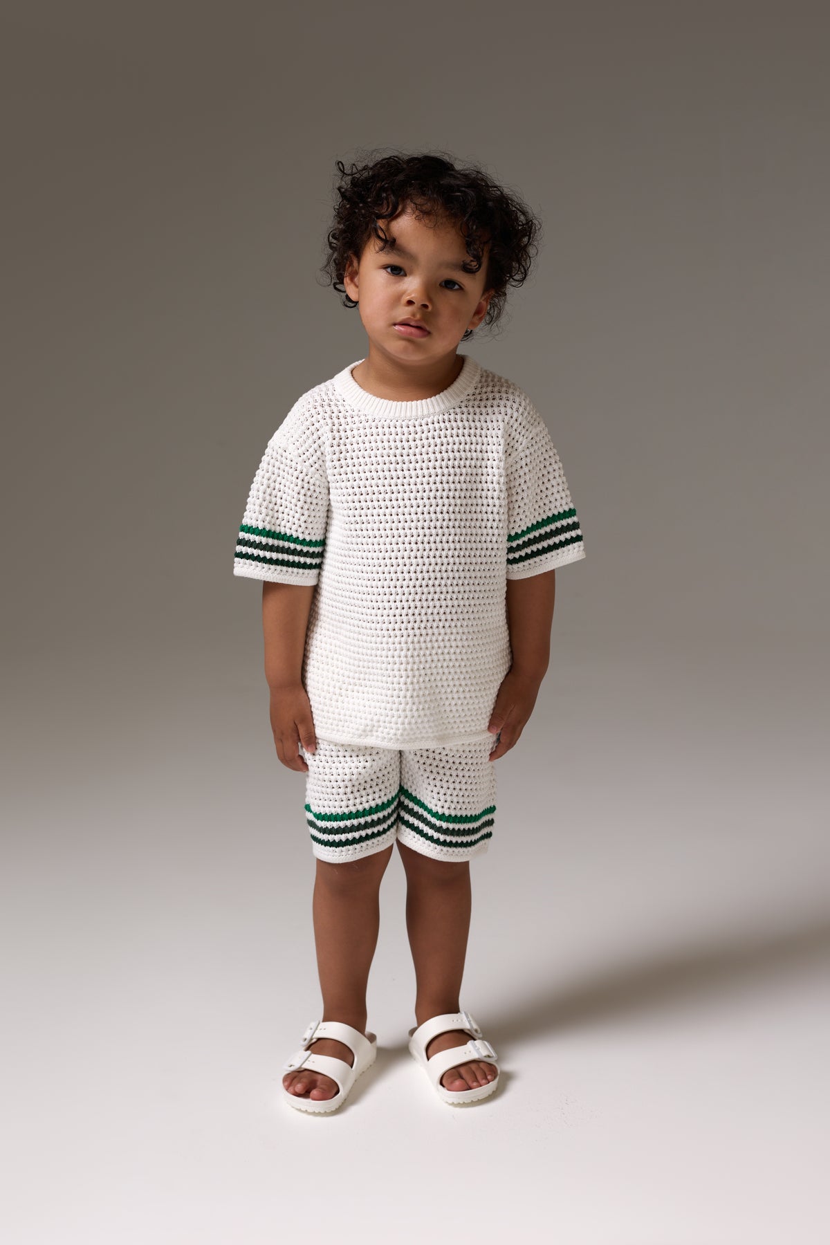 KIDS STRIPE CROCHET KNIT SHORTS - WHITE