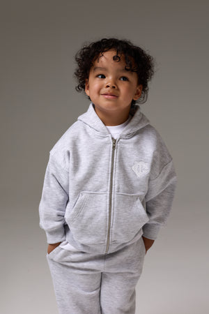 KIDS ZIP THROUGH MONOGRAM EMBLEM APPLIQUE HOODIE - GREY MARL