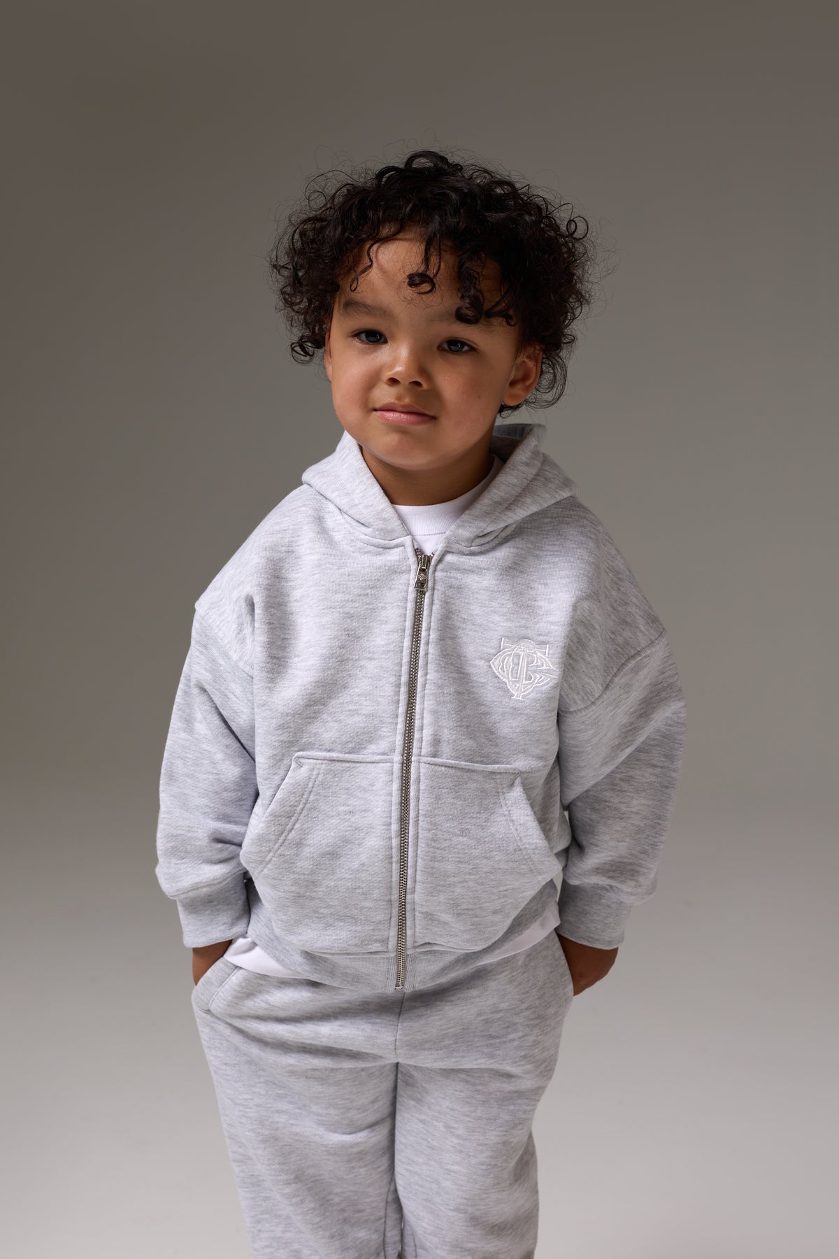 KIDS ZIP THROUGH MONOGRAM EMBLEM APPLIQUE HOODIE - GREY MARL