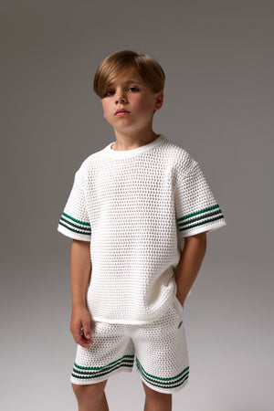 JUNIOR STRIPE CROCHET KNIT T-SHIRT - WHITE