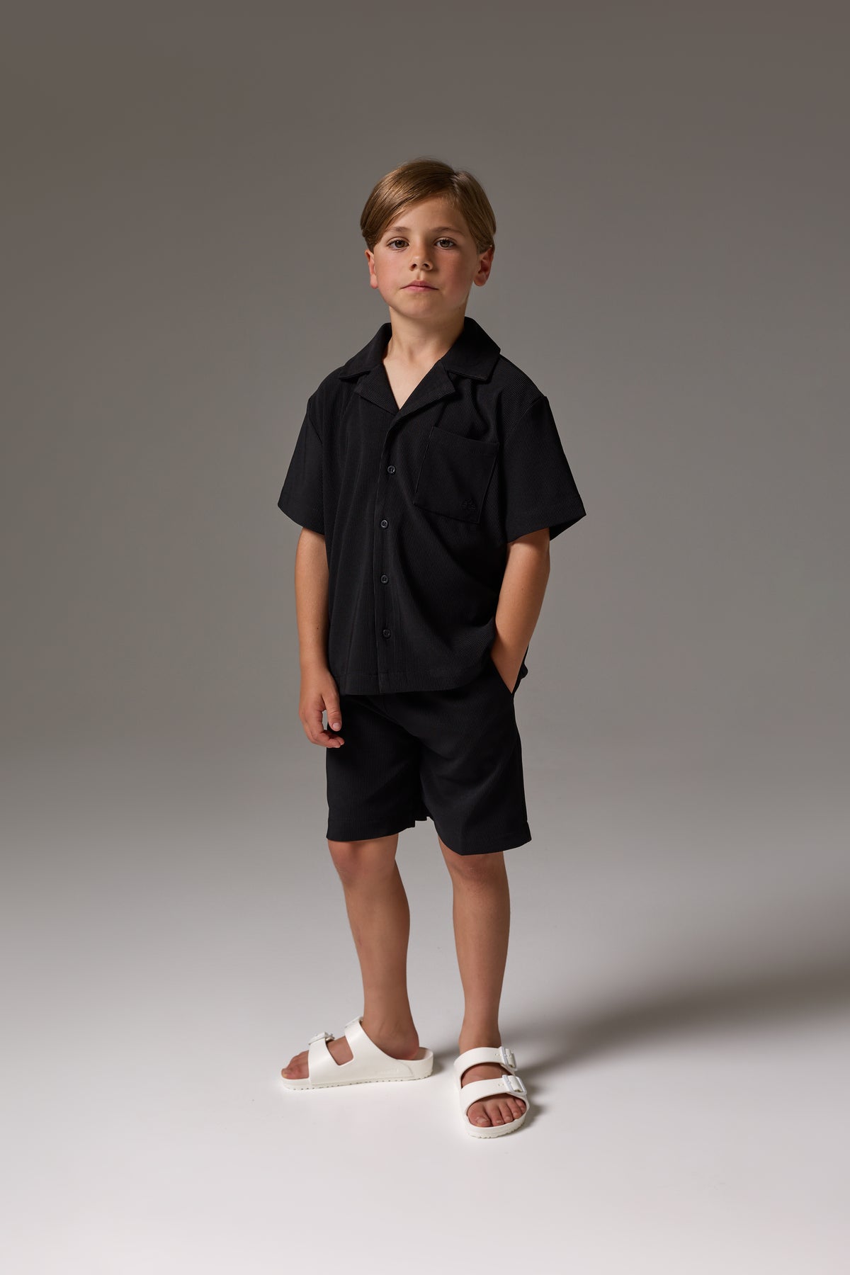 JUNIOR RIB BUTTON THROUGH SHIRT - BLACK