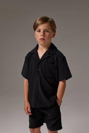 JUNIOR RIB BUTTON THROUGH SHIRT - BLACK