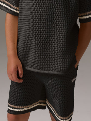 JUNIOR STRIPE CROCHET KNIT SHORTS - BLACK